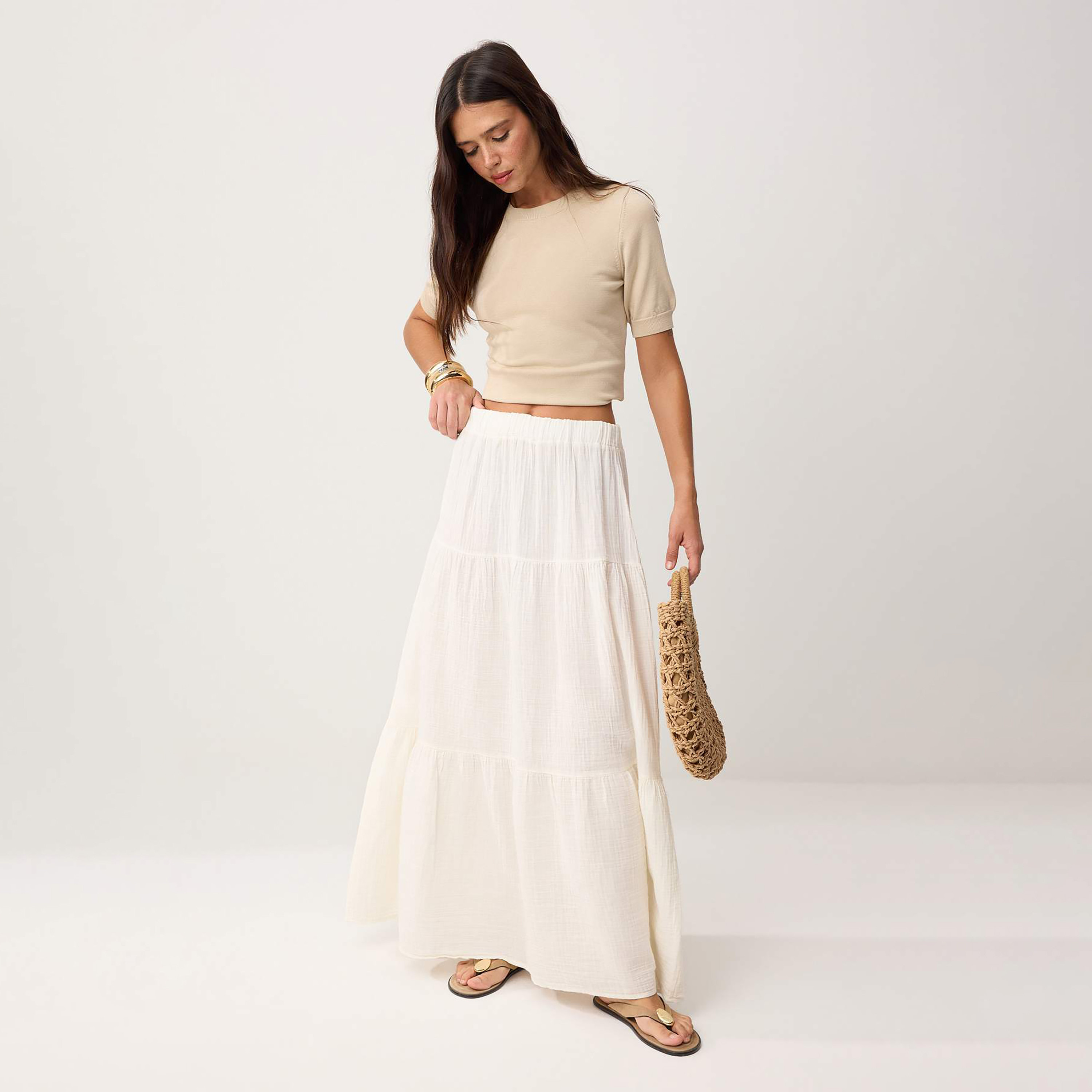 White Textured Cotton Muslin Tiered Women's Maxi Skirt-women-clothing-skirts-image-2