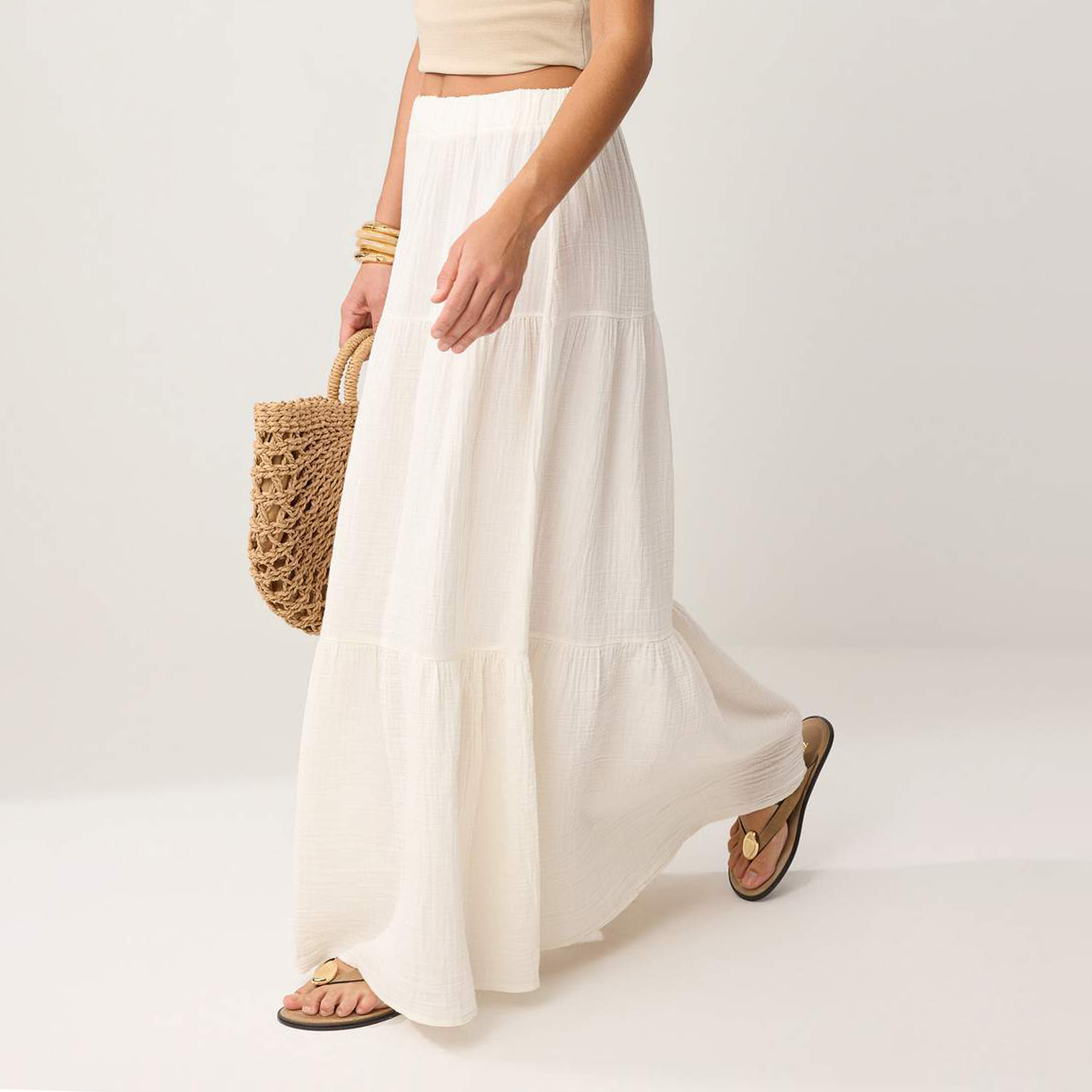 White Textured Cotton Muslin Tiered Women's Maxi Skirt-women-clothing-skirts-image-3