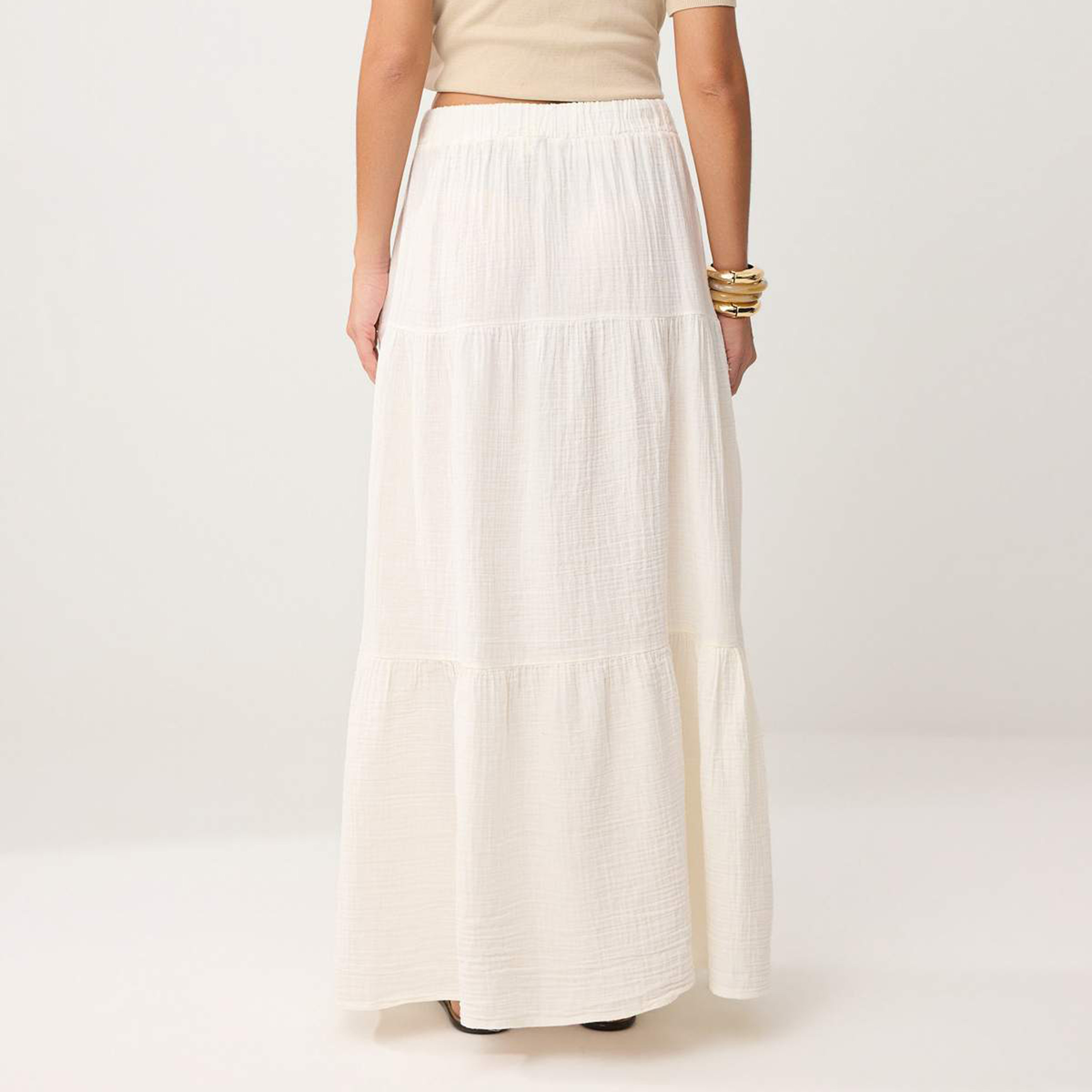 White Textured Cotton Muslin Tiered Women's Maxi Skirt-women-clothing-skirts-image-4