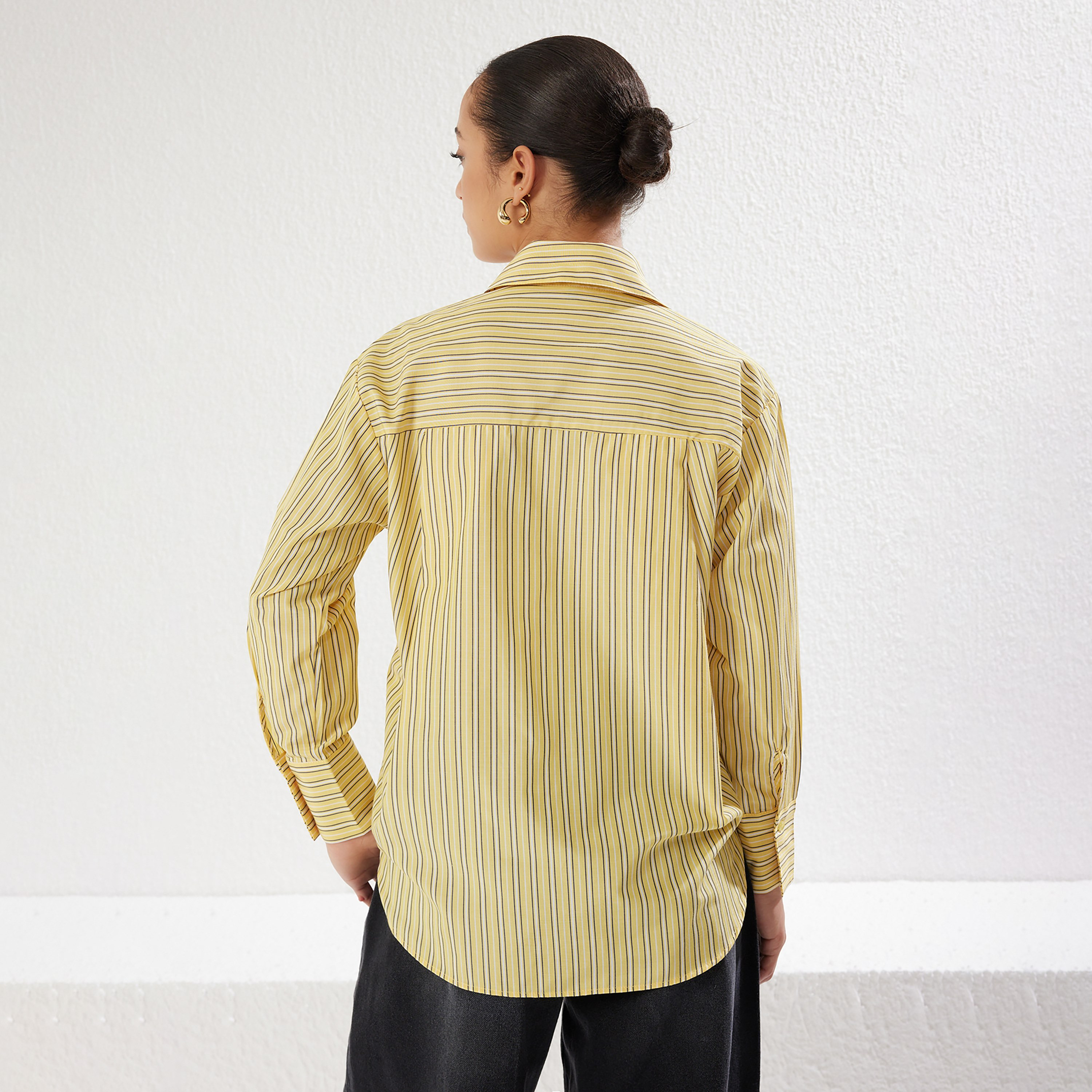 طقم توب كروب وقميص حريمي بياقة مخطط باللون الأصفر من ترينديول ميلا-women-clothing-shirtsandblouses-shirts-image-4