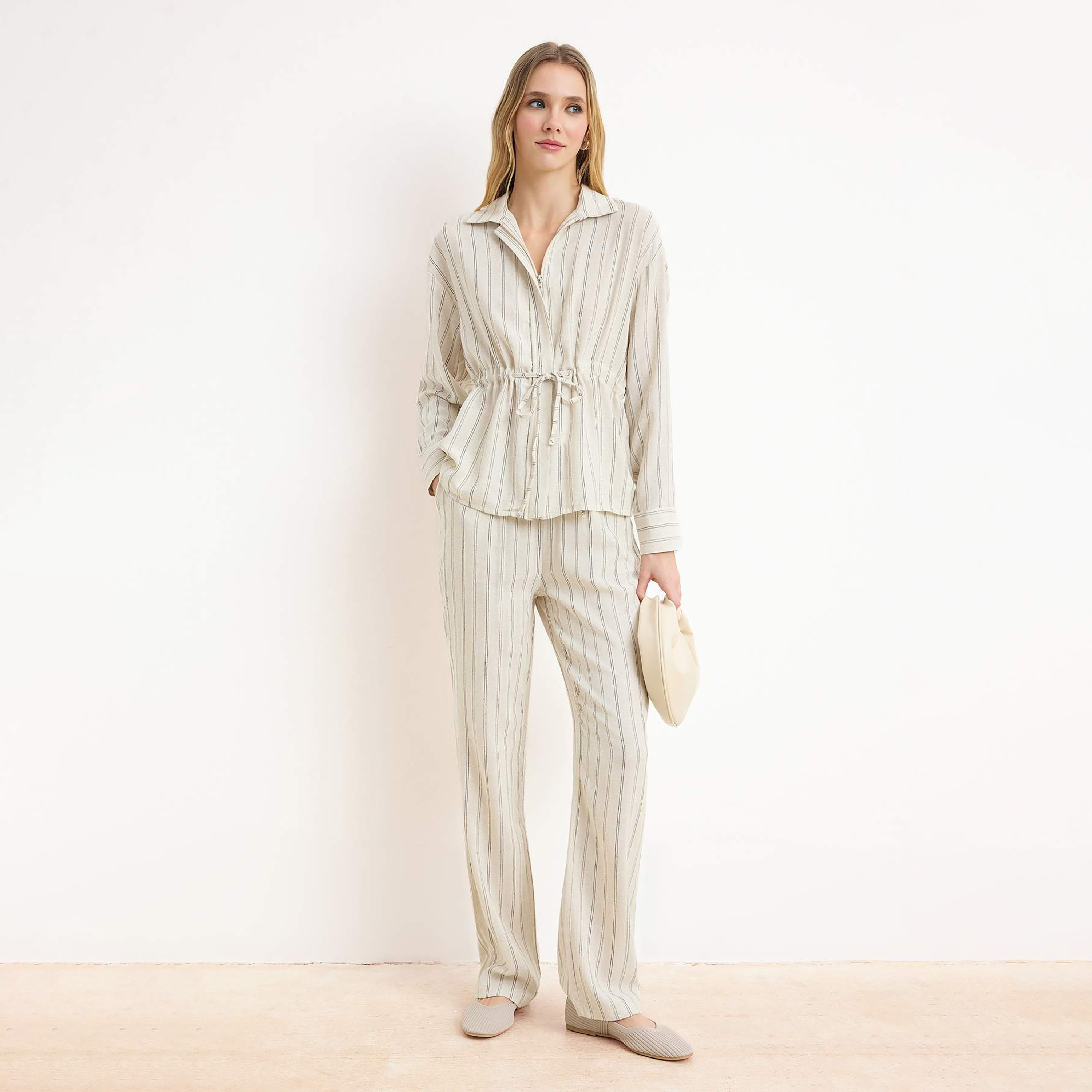 Trendyolmilla Stone Striped Collared Dropped Sleeves Women's Shirt & Trousers Set-women-clothing-coordsets-image-1