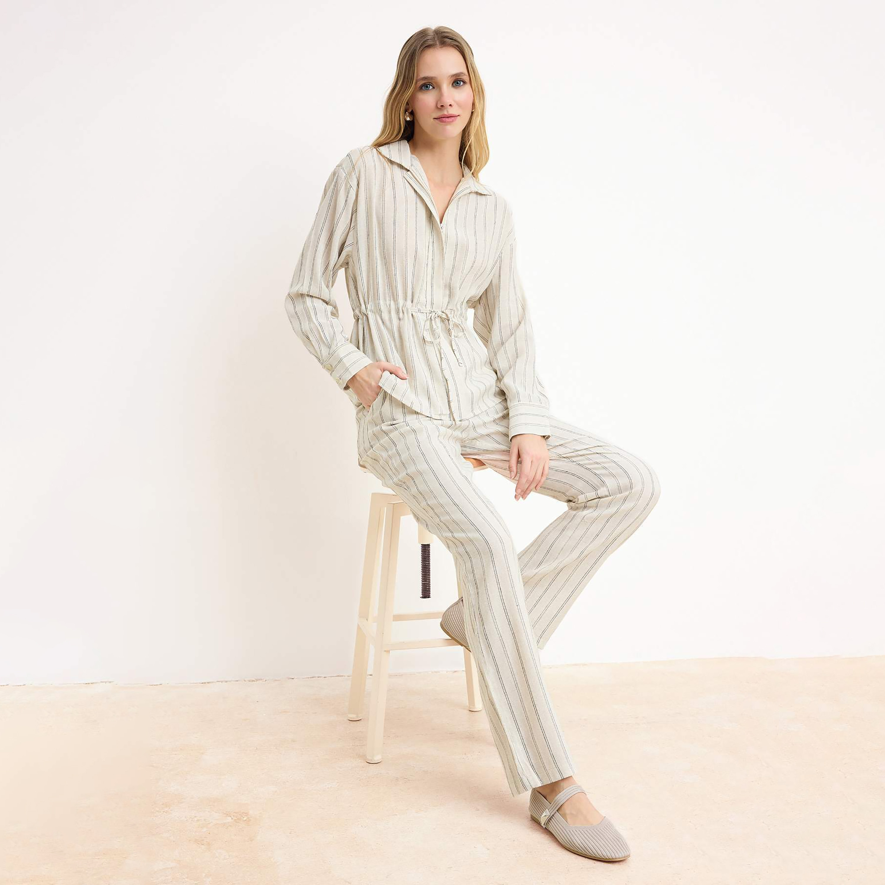 Trendyolmilla Stone Striped Collared Dropped Sleeves Women's Shirt & Trousers Set-women-clothing-coordsets-image-2