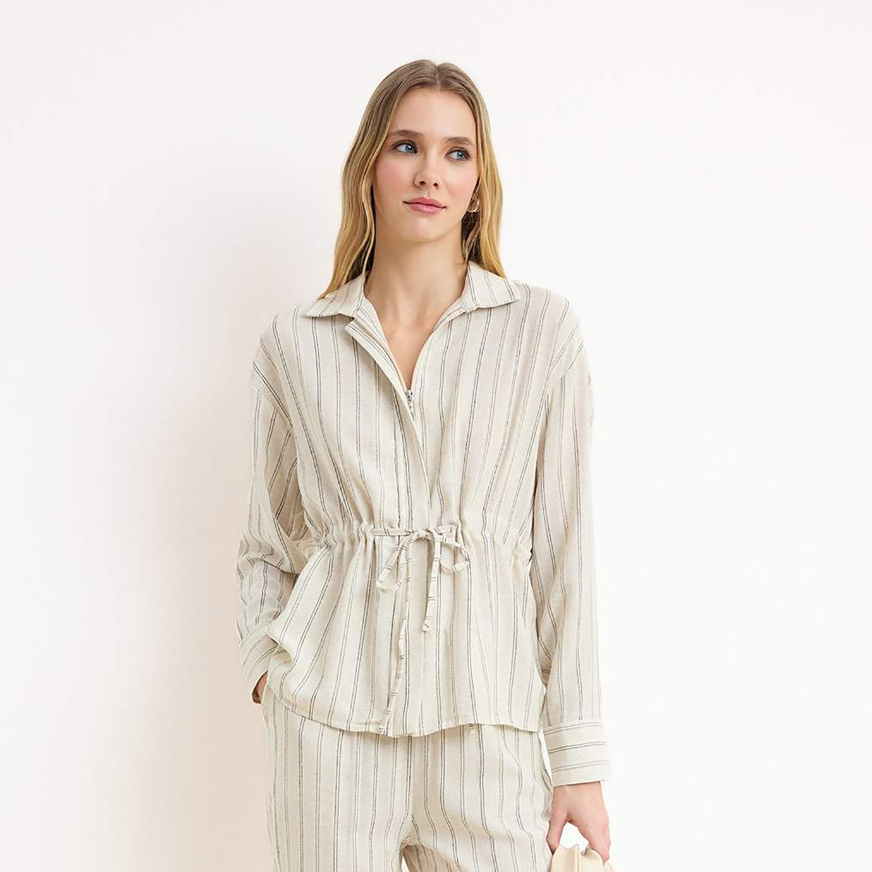 Trendyolmilla Stone Striped Collared Dropped Sleeves Women's Shirt & Trousers Set-women-clothing-coordsets-image-3