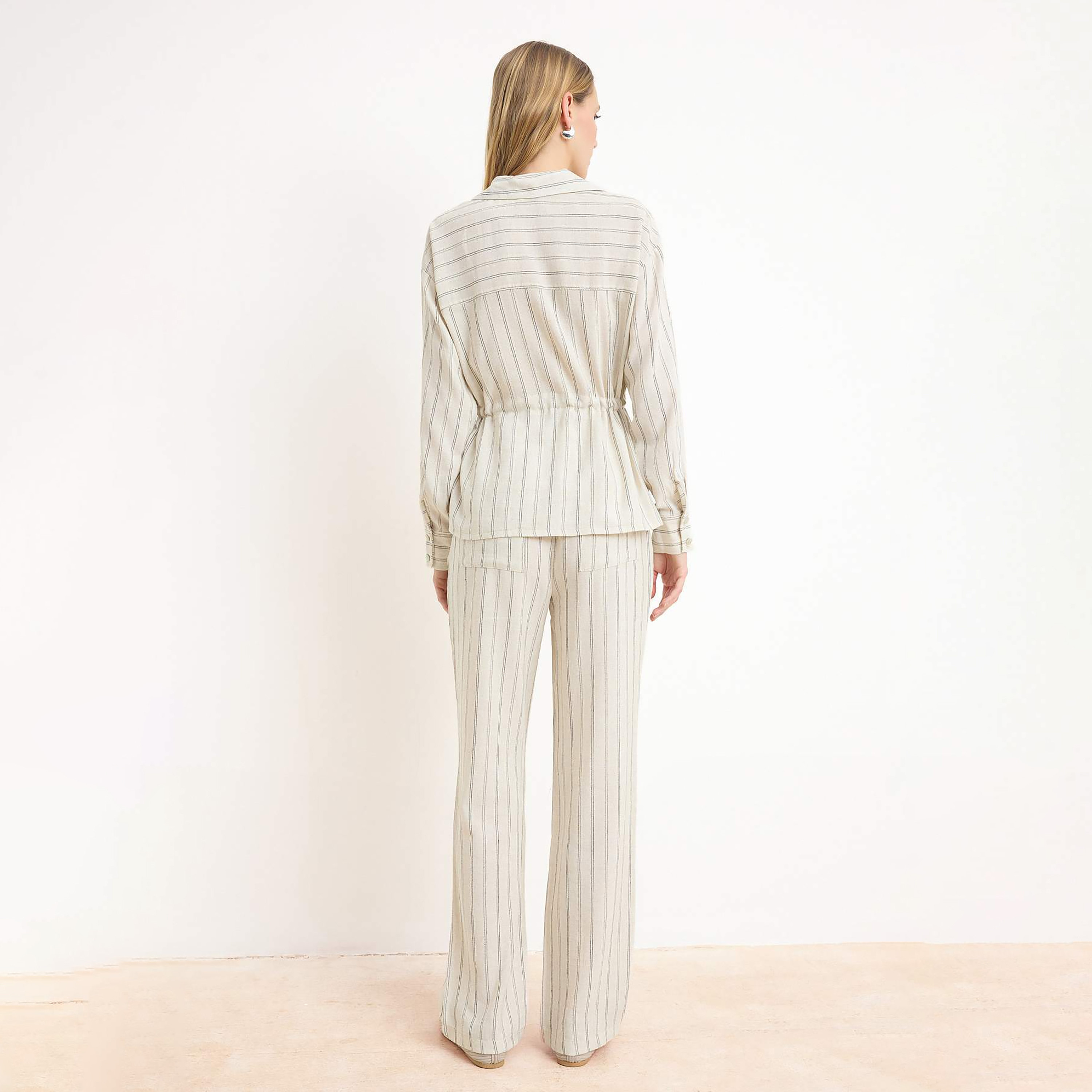 Trendyolmilla Stone Striped Collared Dropped Sleeves Women's Shirt & Trousers Set-women-clothing-coordsets-image-5