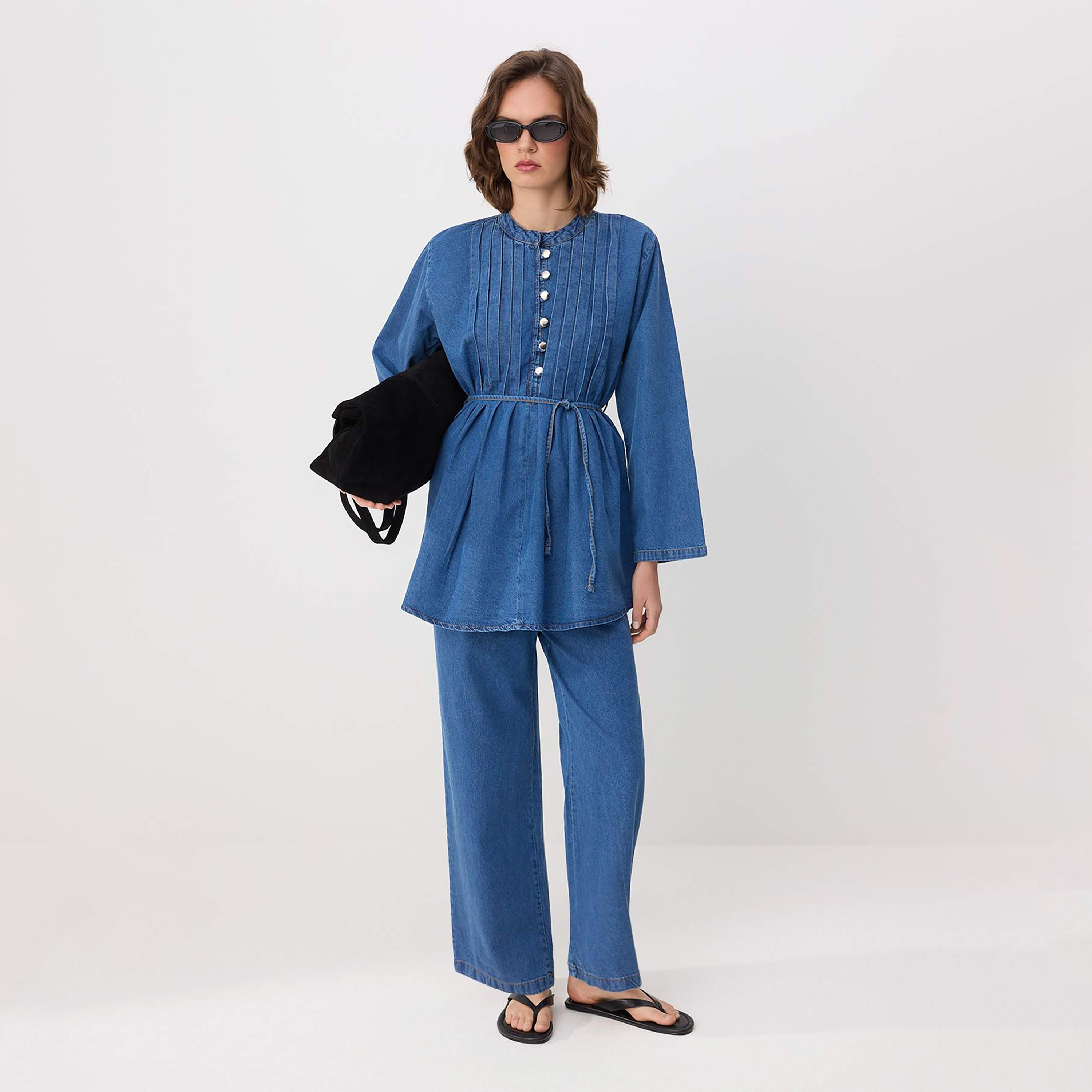Trendyolmilla Blue Collared Cotton Women's Top & Trousers Set-women-clothing-coordsets-image-1