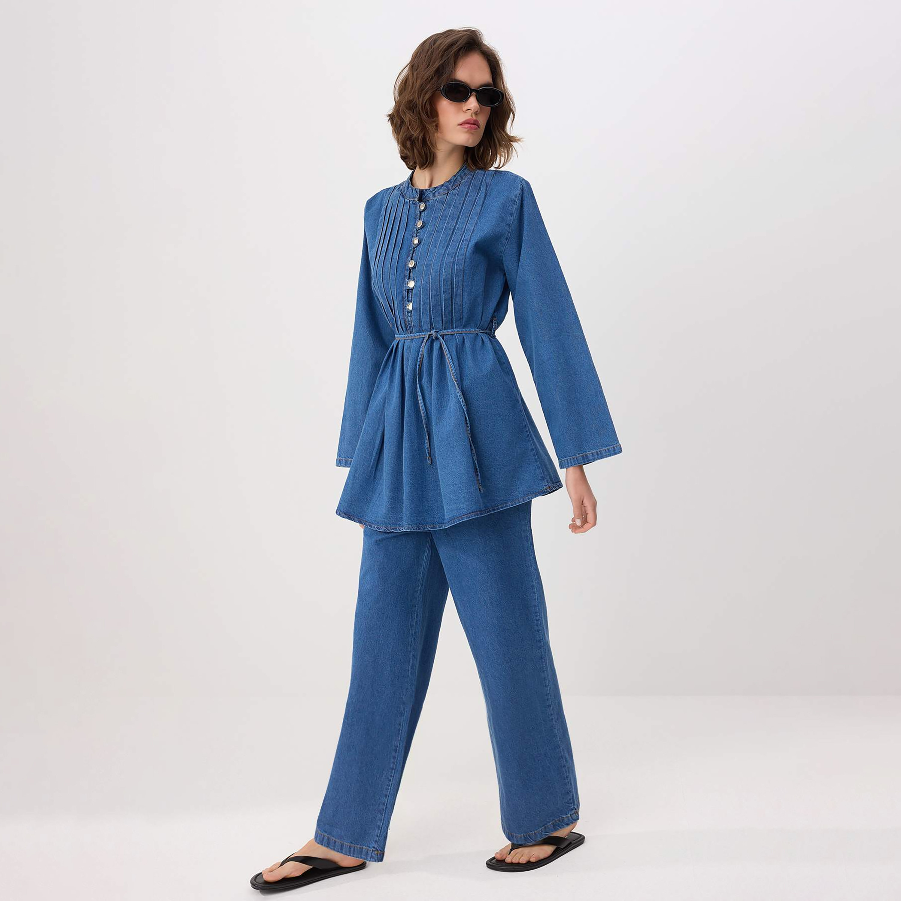 Trendyolmilla Blue Collared Cotton Women's Top & Trousers Set-women-clothing-coordsets-image-2