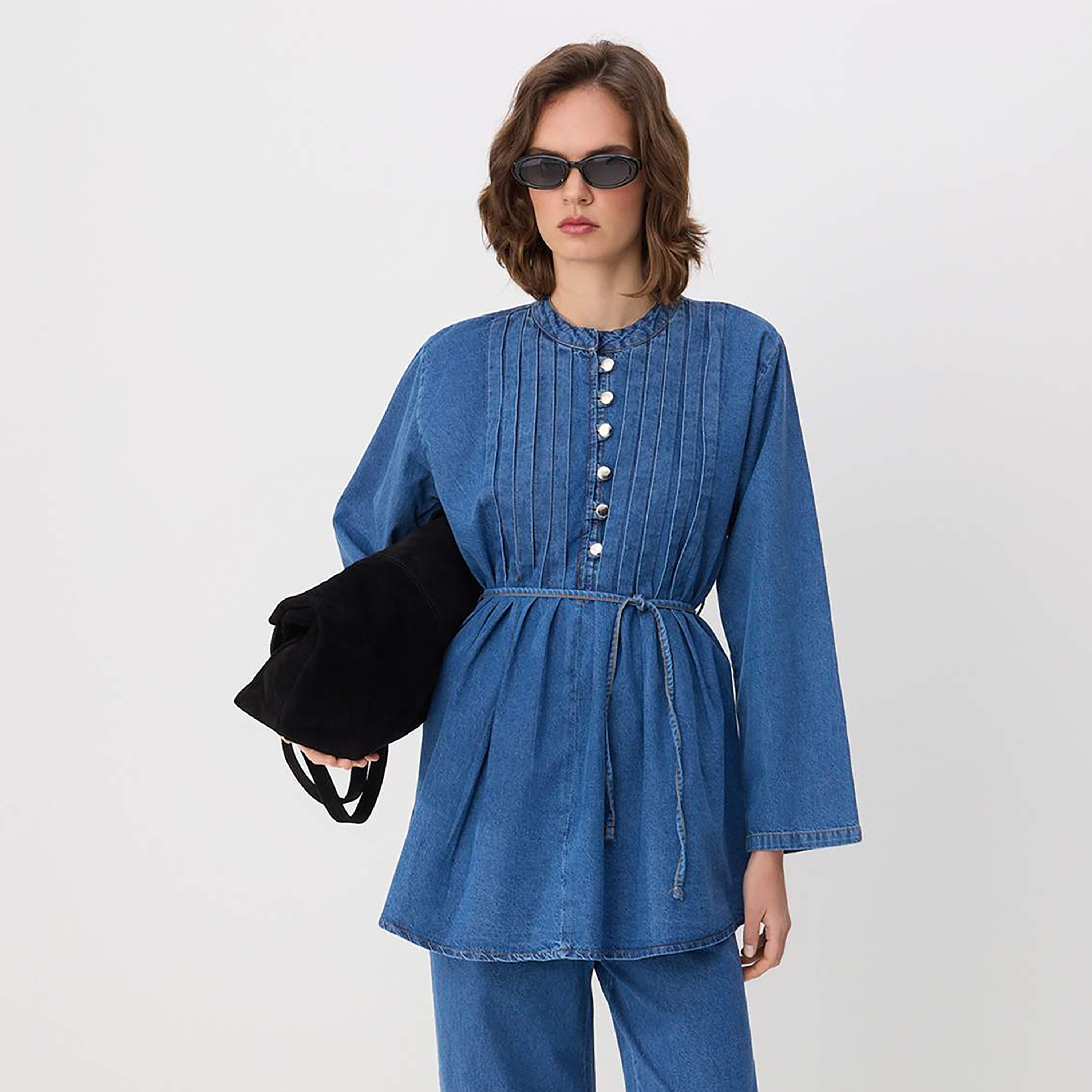 Trendyolmilla Blue Collared Cotton Women's Top & Trousers Set-women-clothing-coordsets-image-3