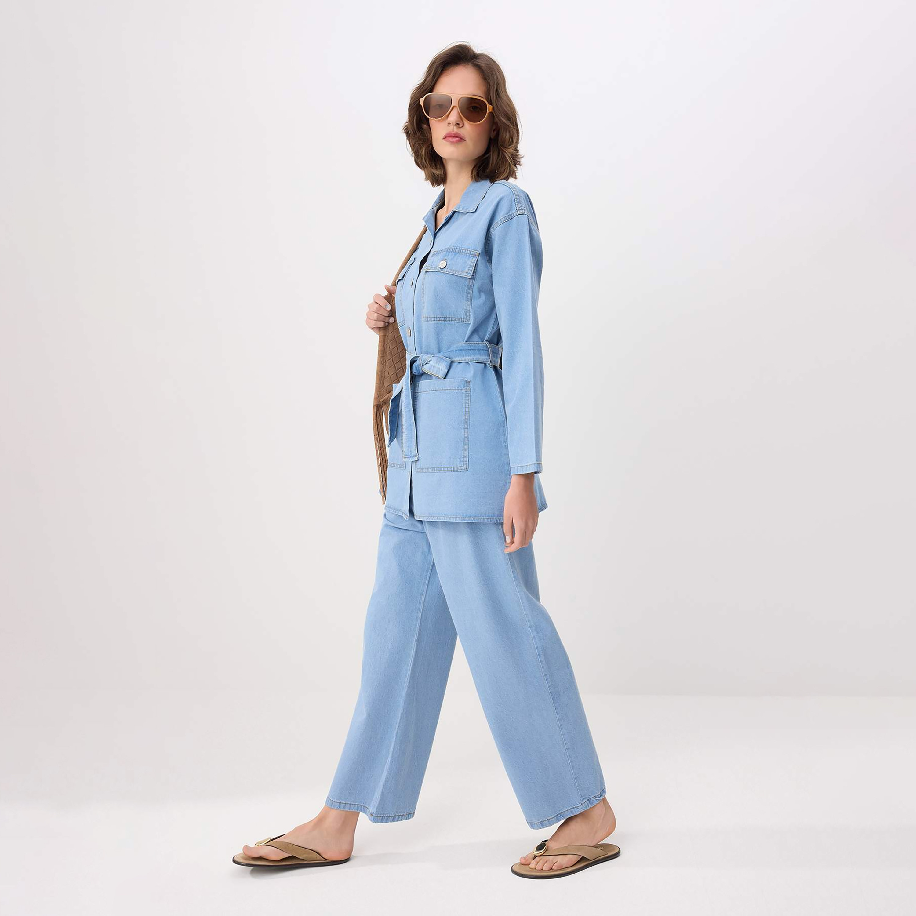 Trendyolmilla Blue Collared Cotton Women's Shirt & Trousers Set-women-clothing-coordsets-image-1