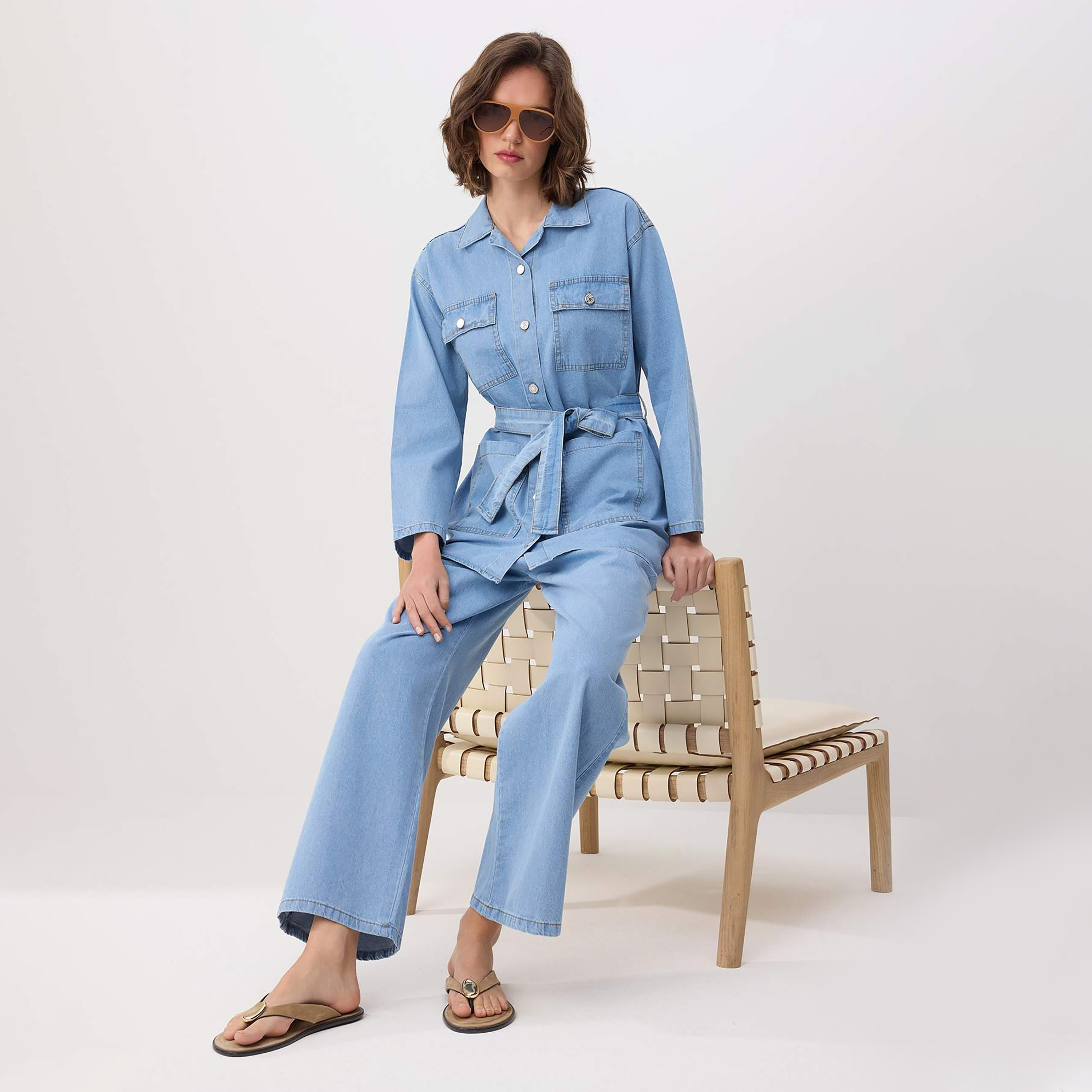 Trendyolmilla Blue Collared Cotton Women's Shirt & Trousers Set-women-clothing-coordsets-image-2