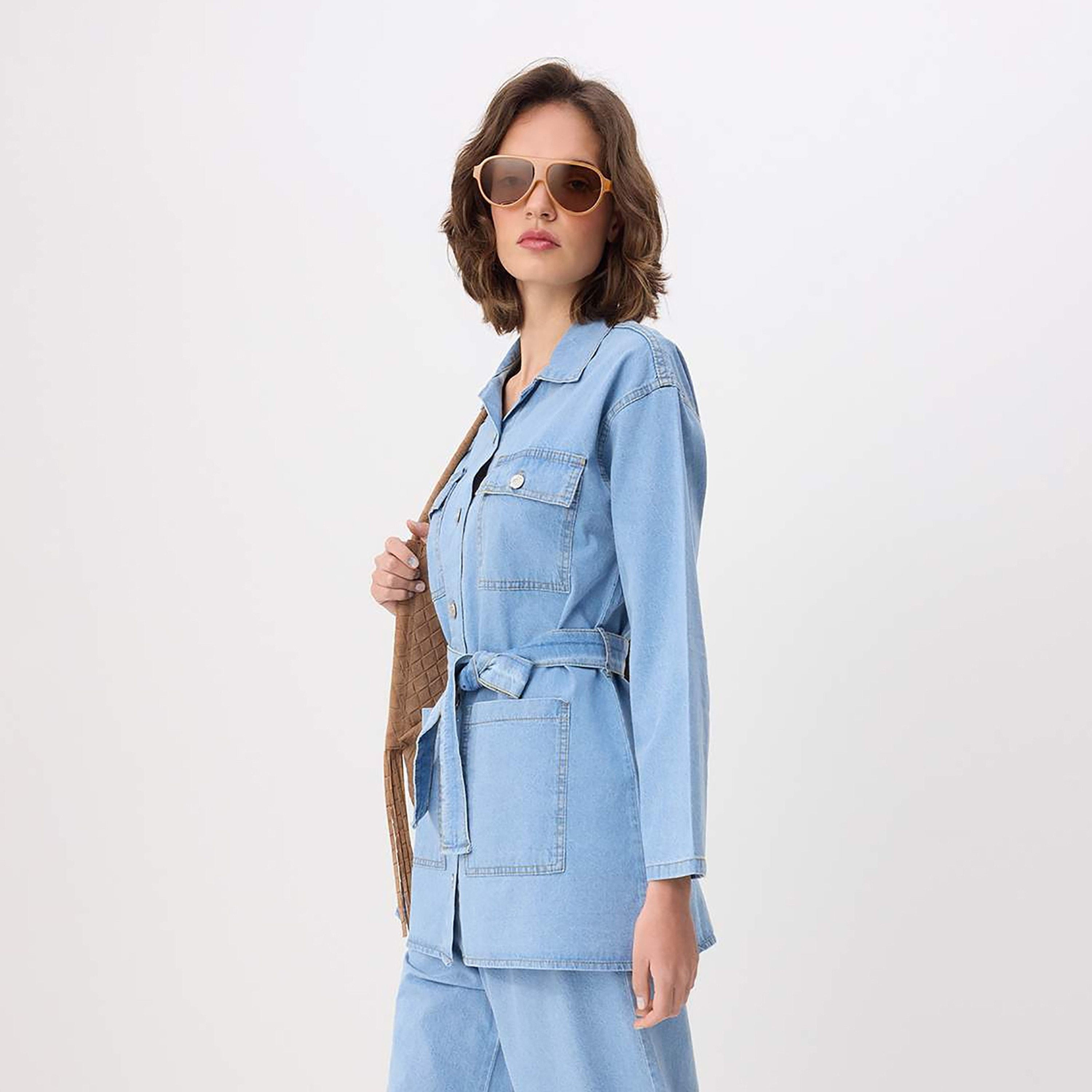 Trendyolmilla Blue Collared Cotton Women's Shirt & Trousers Set-women-clothing-coordsets-image-3