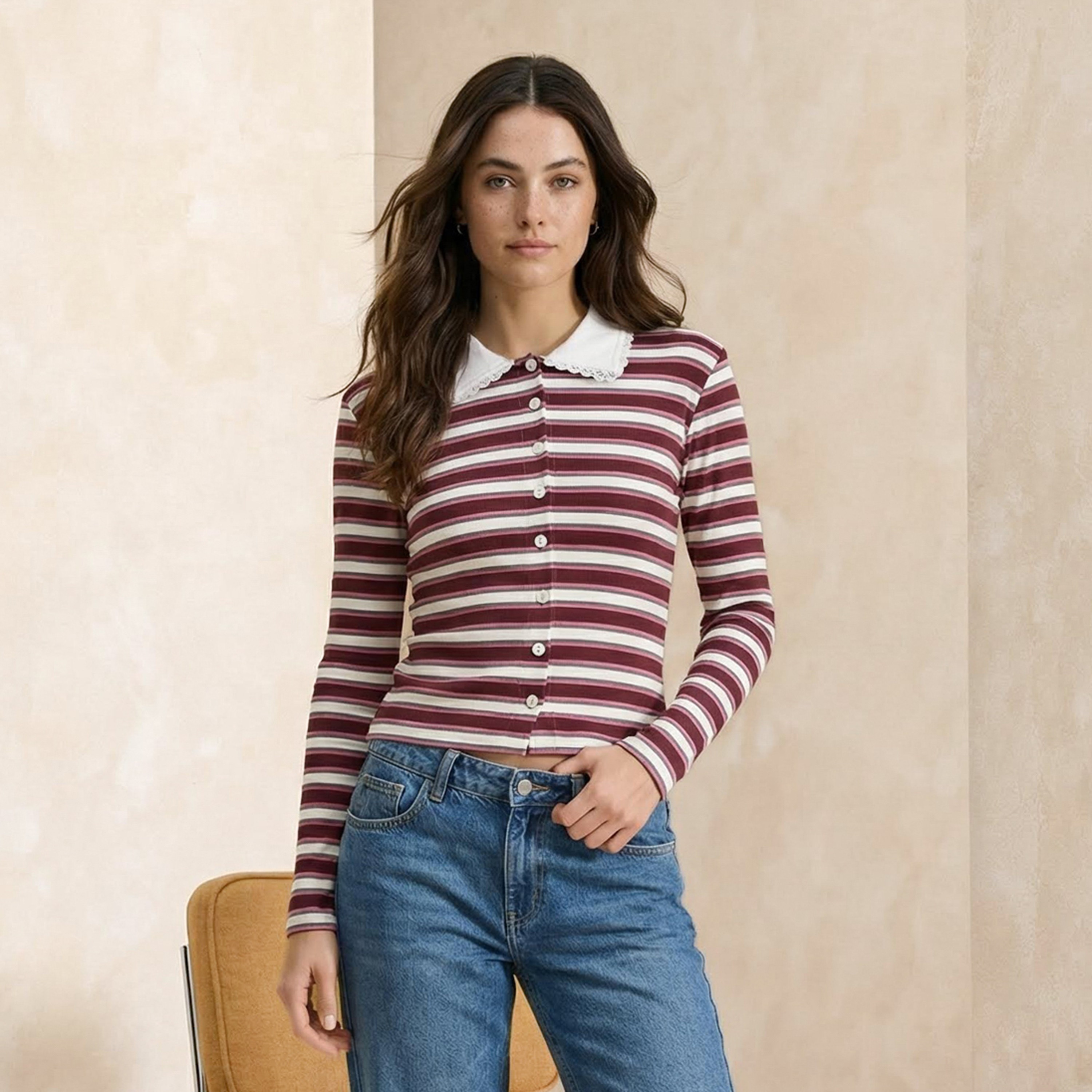 Trendyolmilla Multicolour Striped Contrast Collared Women's Knitted Top-women-clothing-shirtsandblouses-blouses-image-1