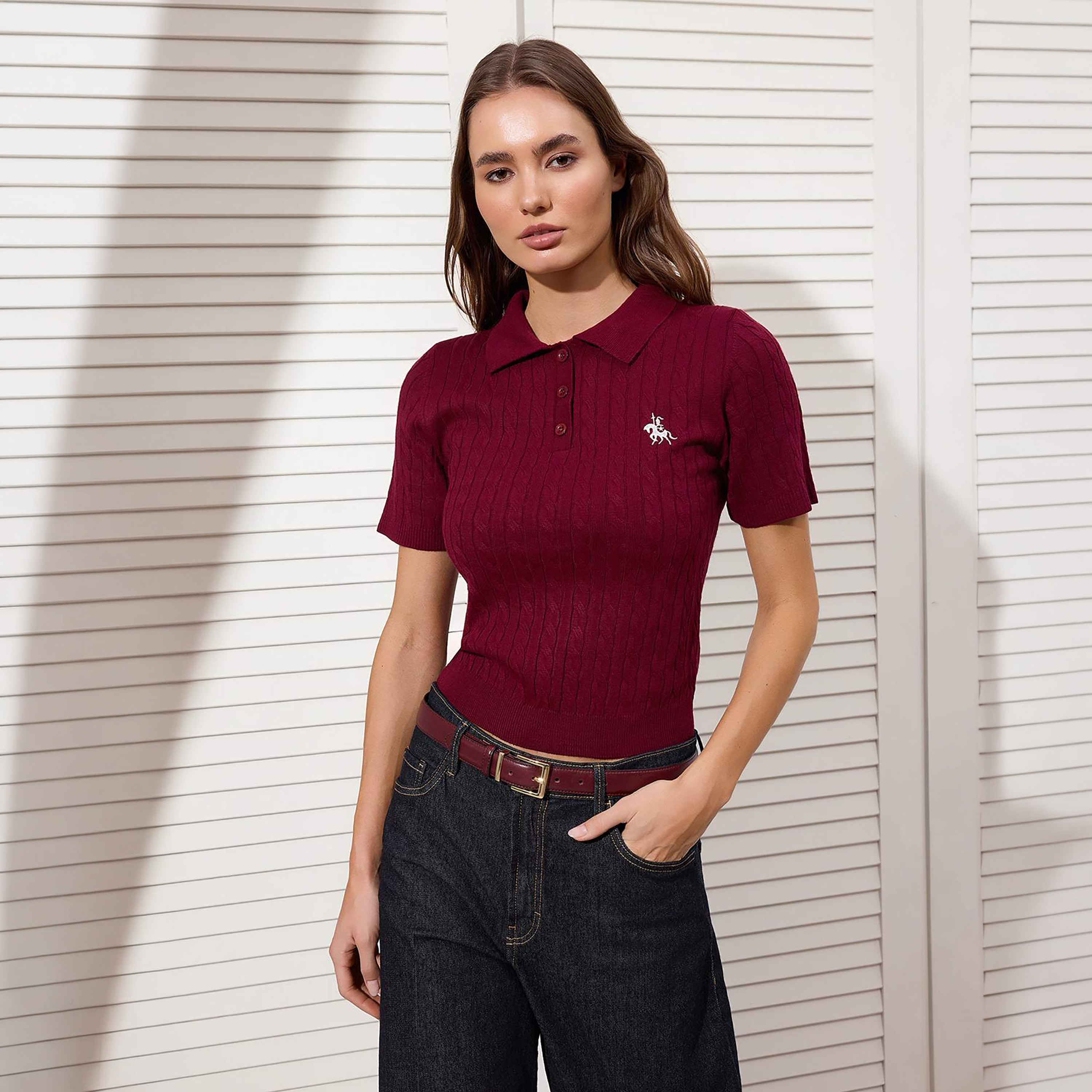 Trendyolmilla Cable Knit Collared Women's Knitted Top-women-clothing-shirtsandblouses-blouses-image-1