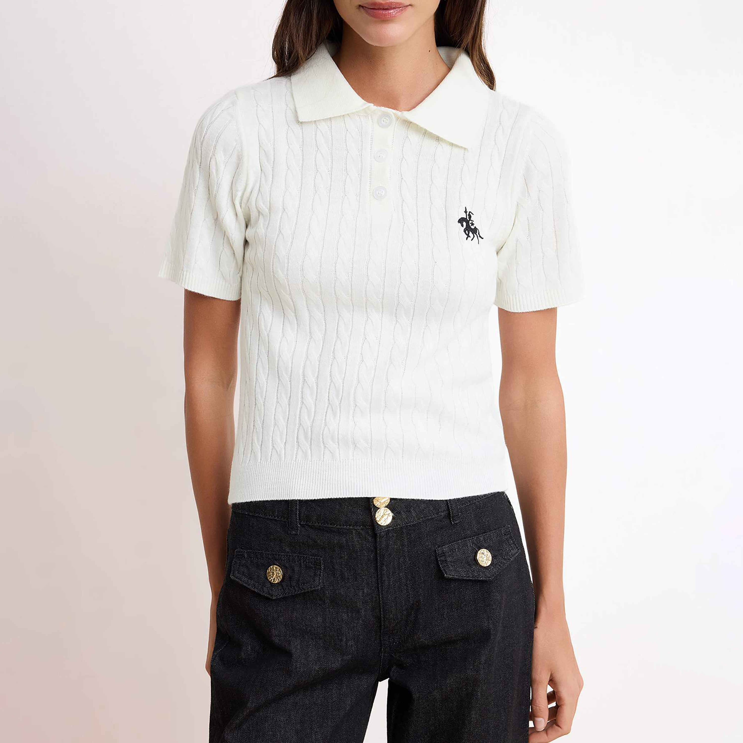 توب تريكو حريمي بنقشة الضفيرة وياقة بأزرار من تريندyول ميلا-women-clothing-shirtsandblouses-blouses-image-1