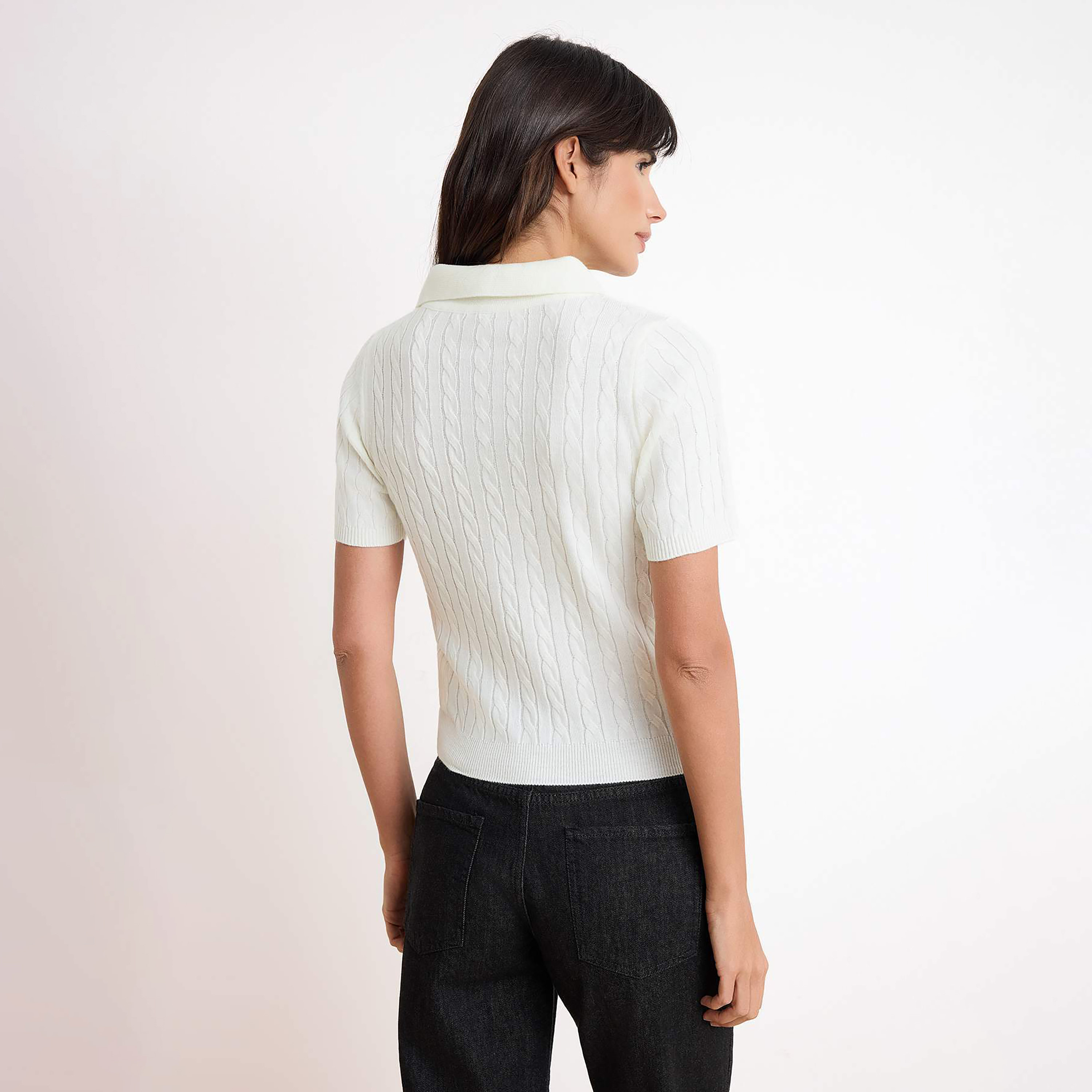 توب تريكو حريمي بنقشة الضفيرة وياقة بأزرار من تريندyول ميلا-women-clothing-shirtsandblouses-blouses-image-3