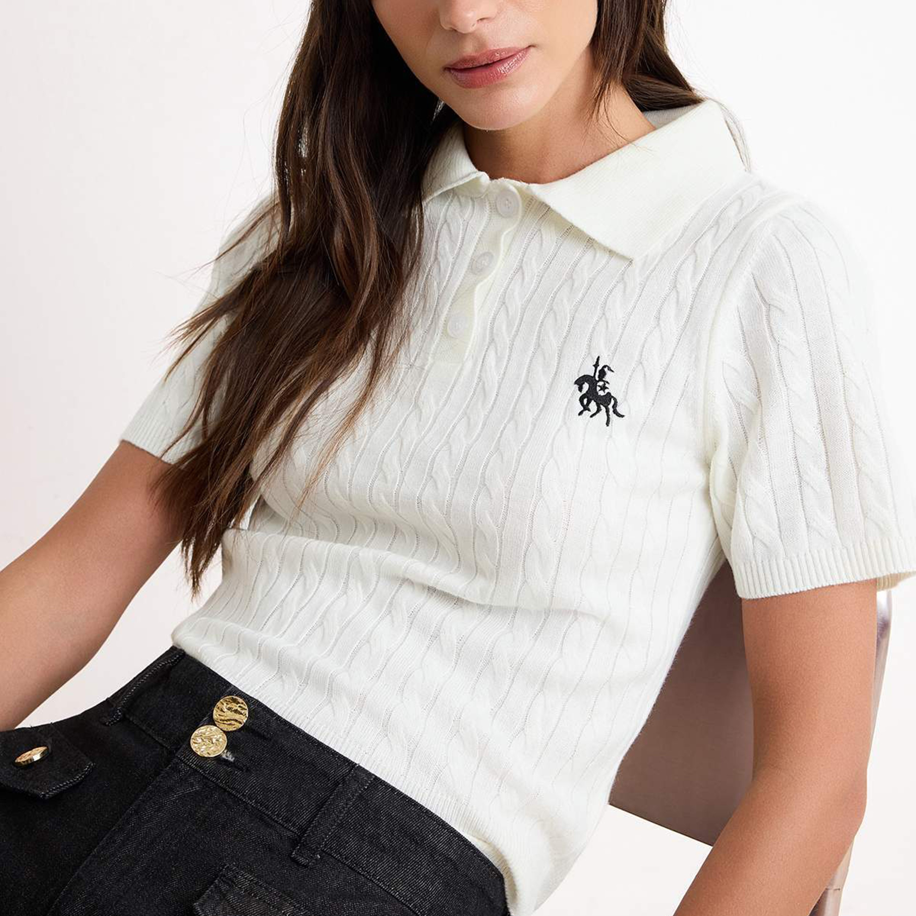 توب تريكو حريمي بنقشة الضفيرة وياقة بأزرار من تريندyول ميلا-women-clothing-shirtsandblouses-blouses-image-4
