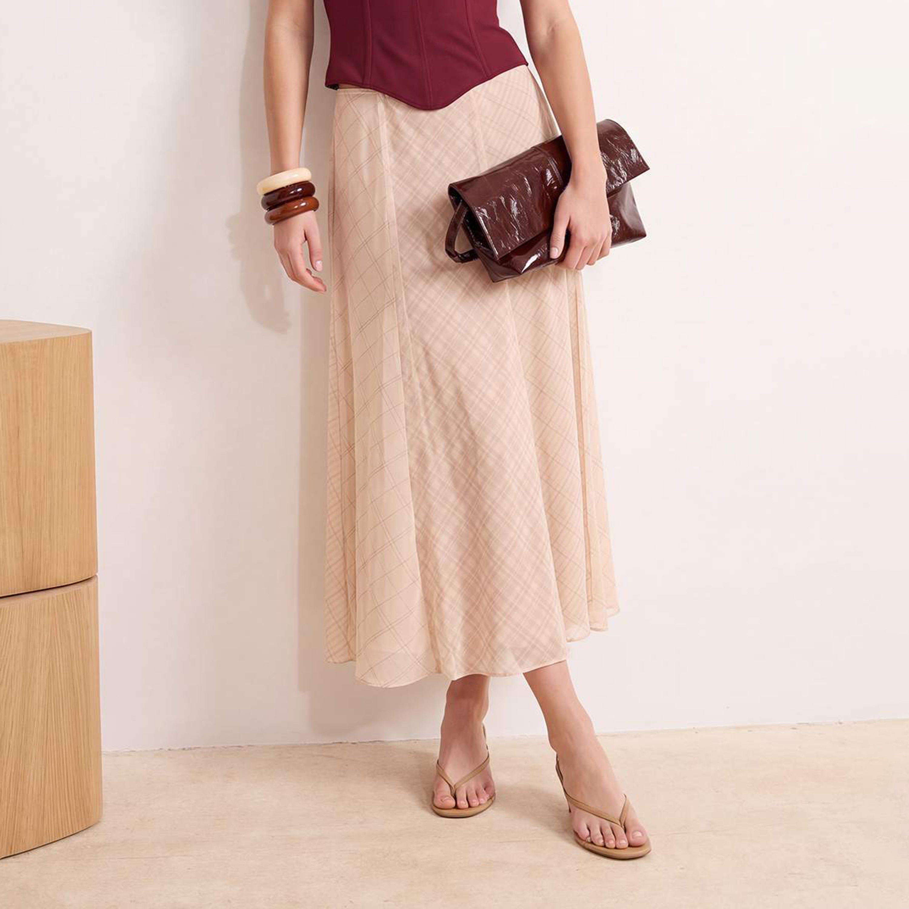 Beige Checked Chiffon Flared Women's Midi Skirt-women-clothing-skirts-image-1