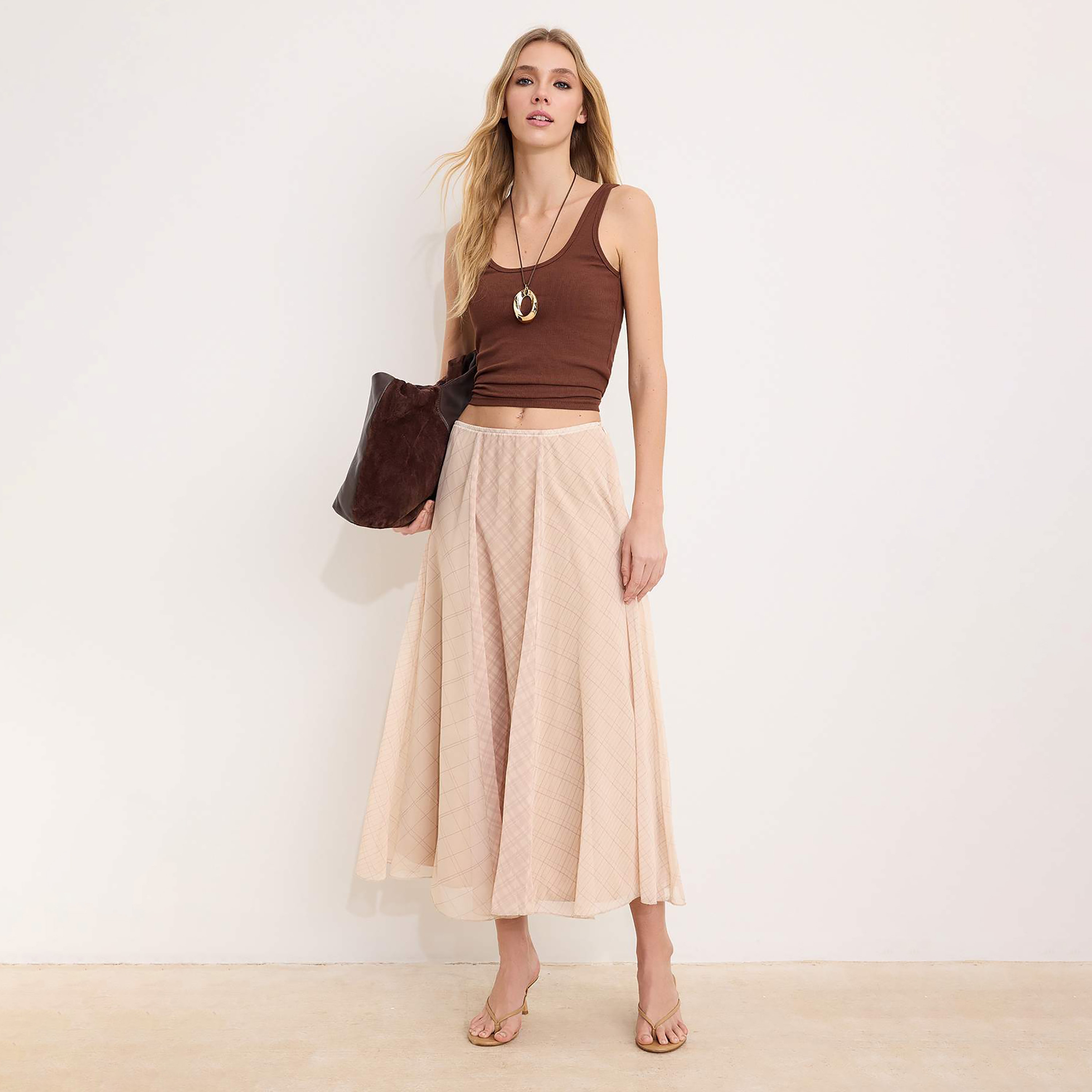 Beige Checked Chiffon Flared Women's Midi Skirt-women-clothing-skirts-image-2