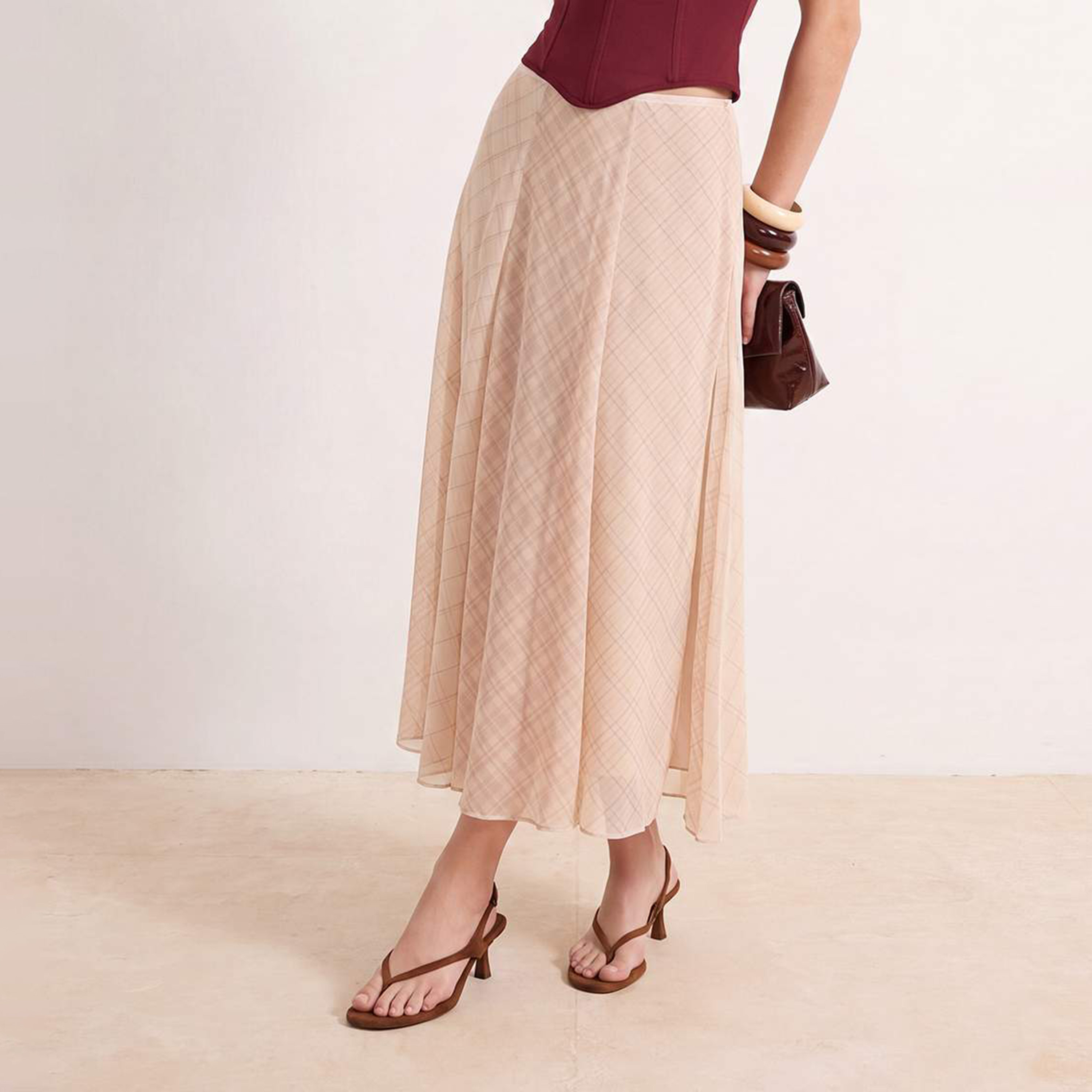 Beige Checked Chiffon Flared Women's Midi Skirt-women-clothing-skirts-image-3