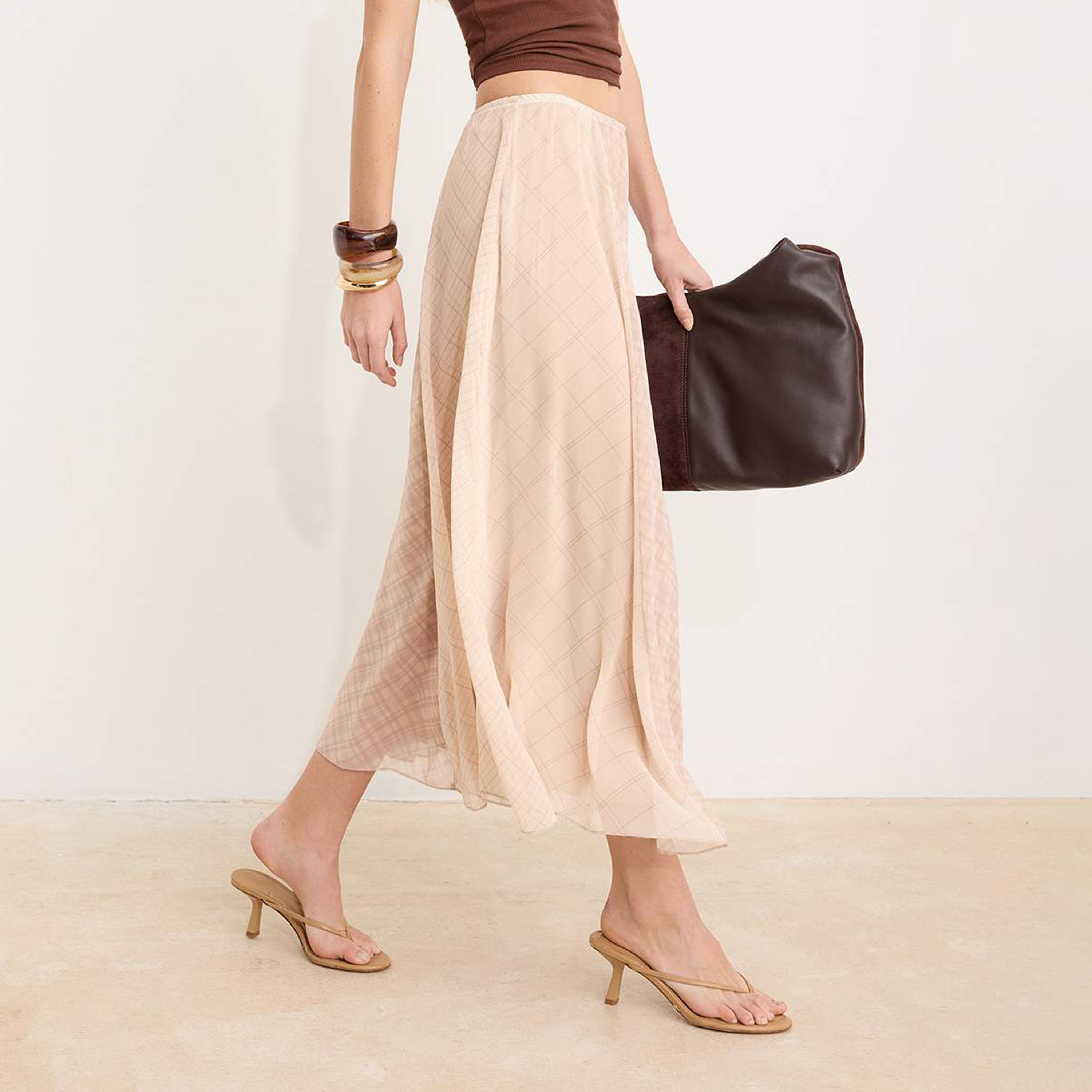 Beige Checked Chiffon Flared Women's Midi Skirt-women-clothing-skirts-image-4