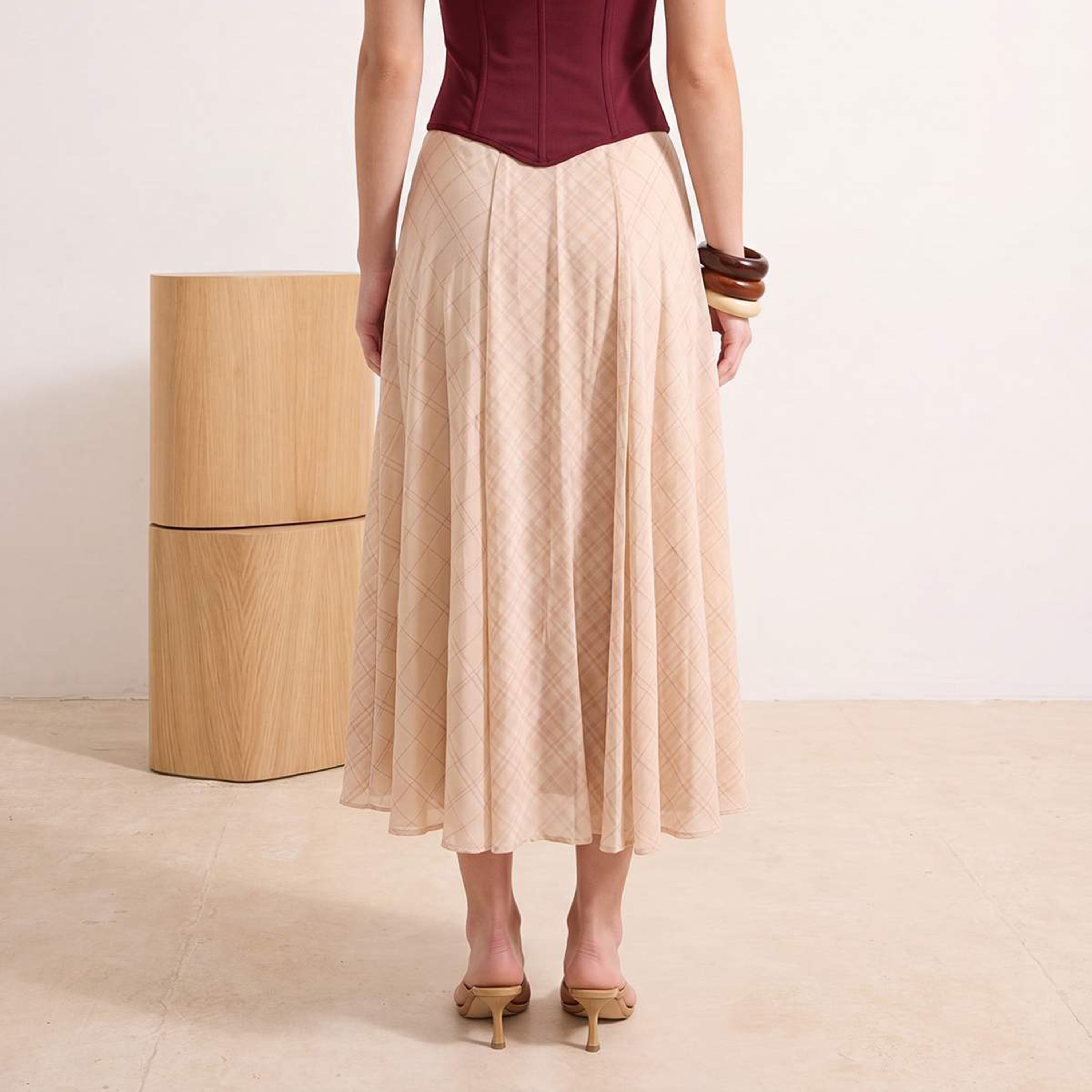 Beige Checked Chiffon Flared Women's Midi Skirt-women-clothing-skirts-image-5
