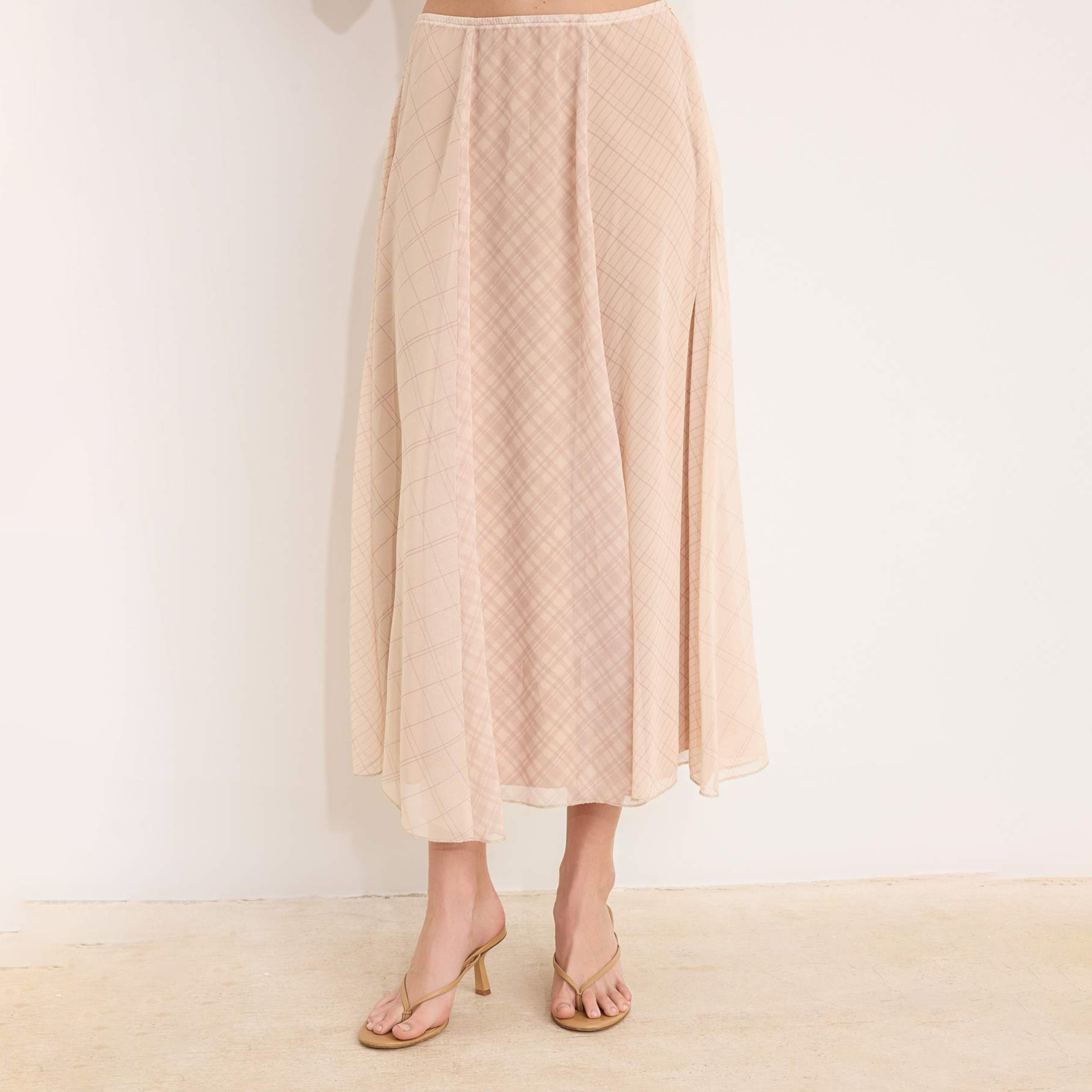 Beige Checked Chiffon Flared Women's Midi Skirt-women-clothing-skirts-image-6