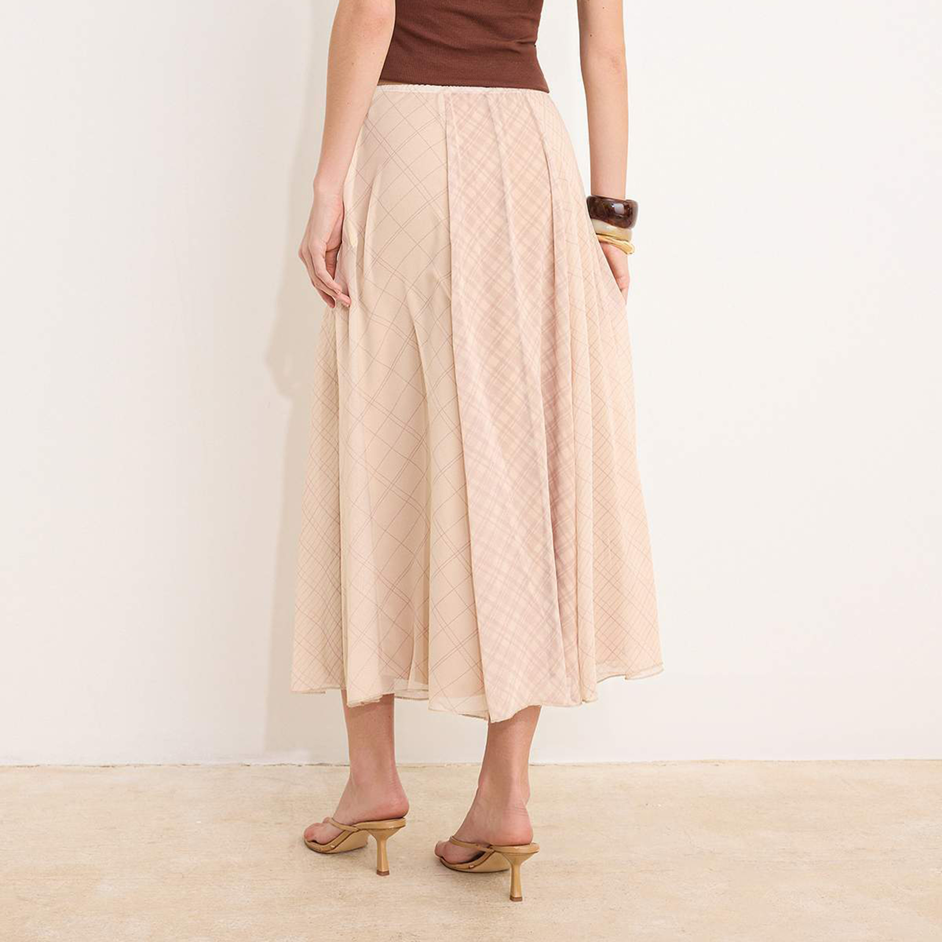 Beige Checked Chiffon Flared Women's Midi Skirt-women-clothing-skirts-image-7