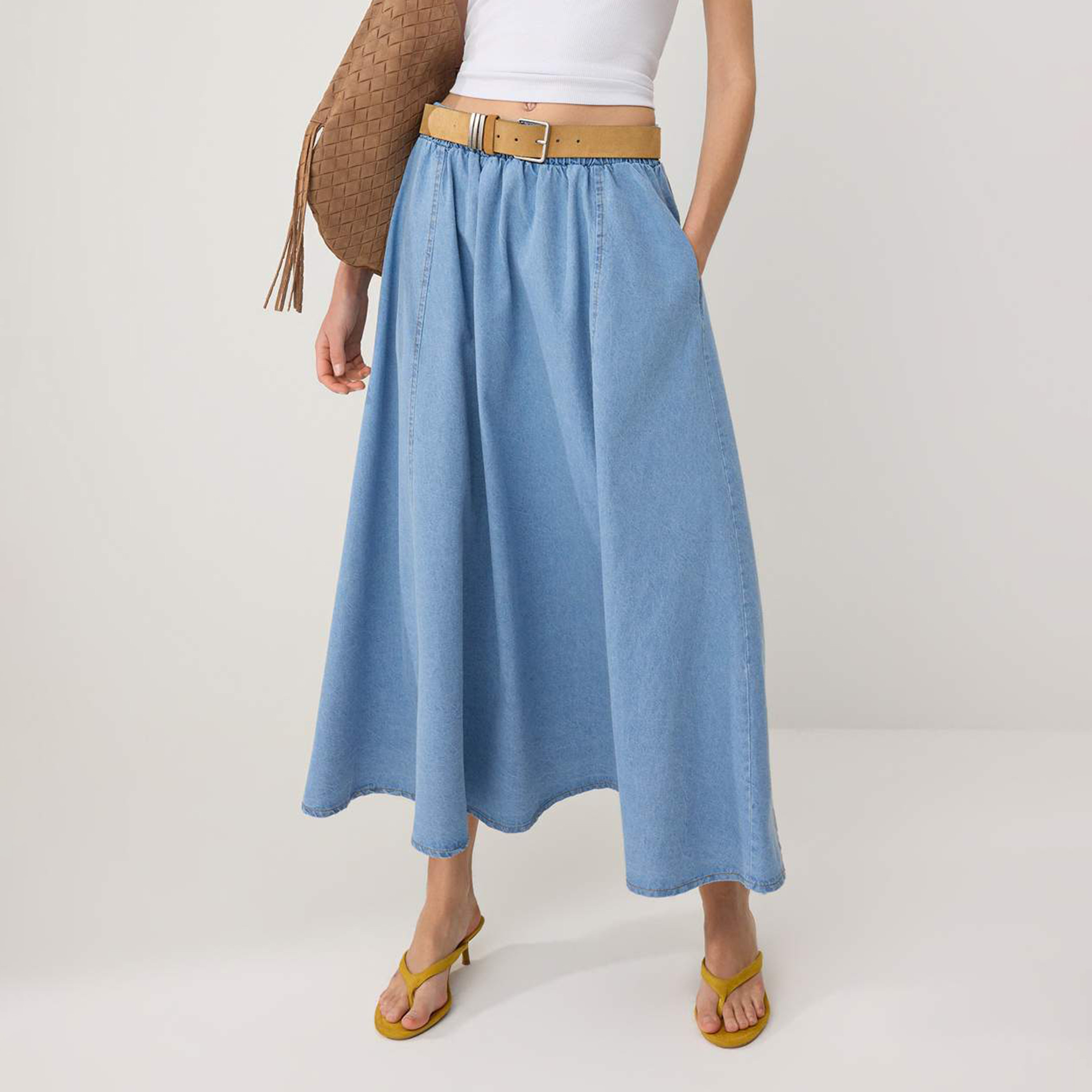 Blue Denim Flared Women's Midi Skirt-women-clothing-skirts-image-1