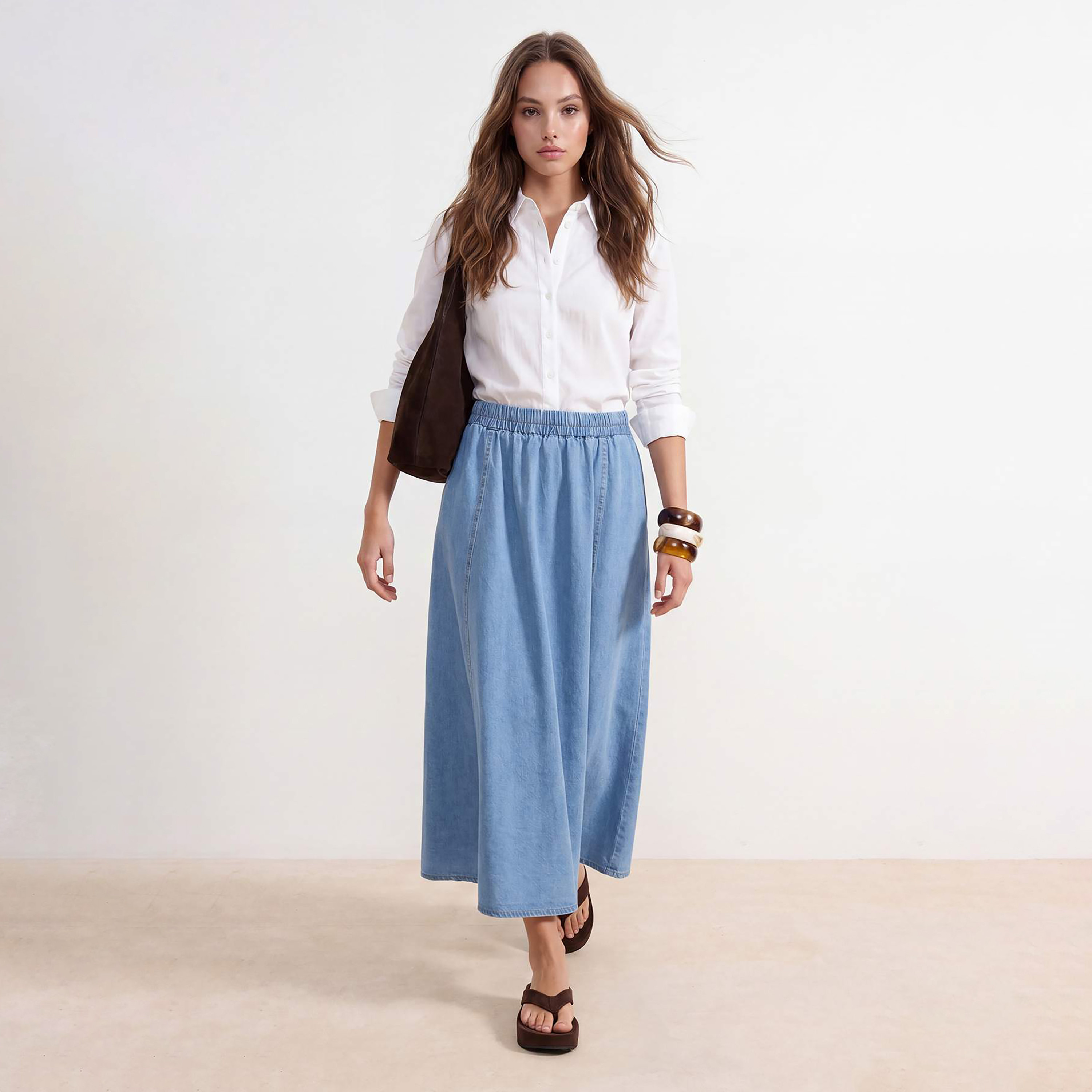 Blue Denim Flared Women's Midi Skirt-women-clothing-skirts-image-2