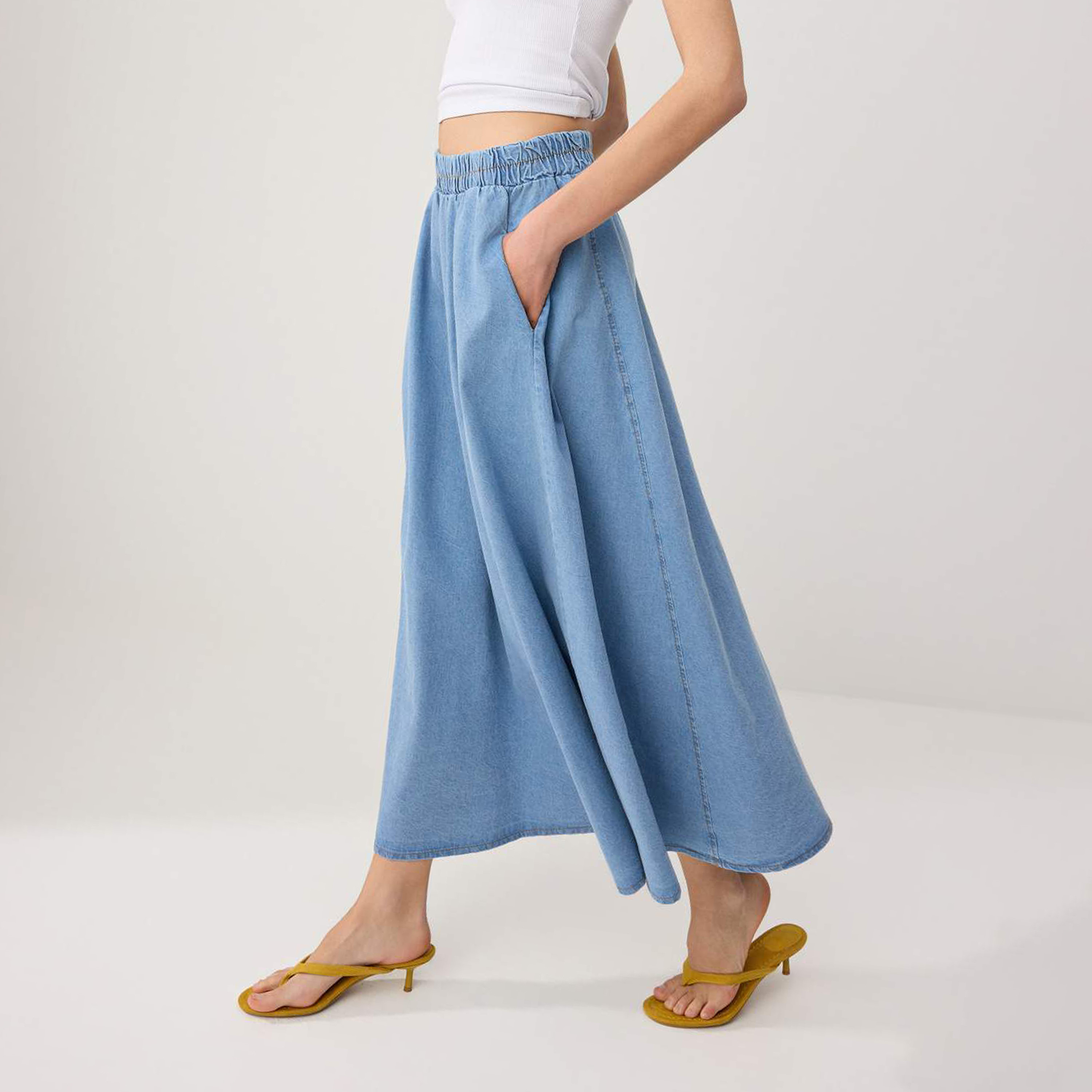 Blue Denim Flared Women's Midi Skirt-women-clothing-skirts-image-3