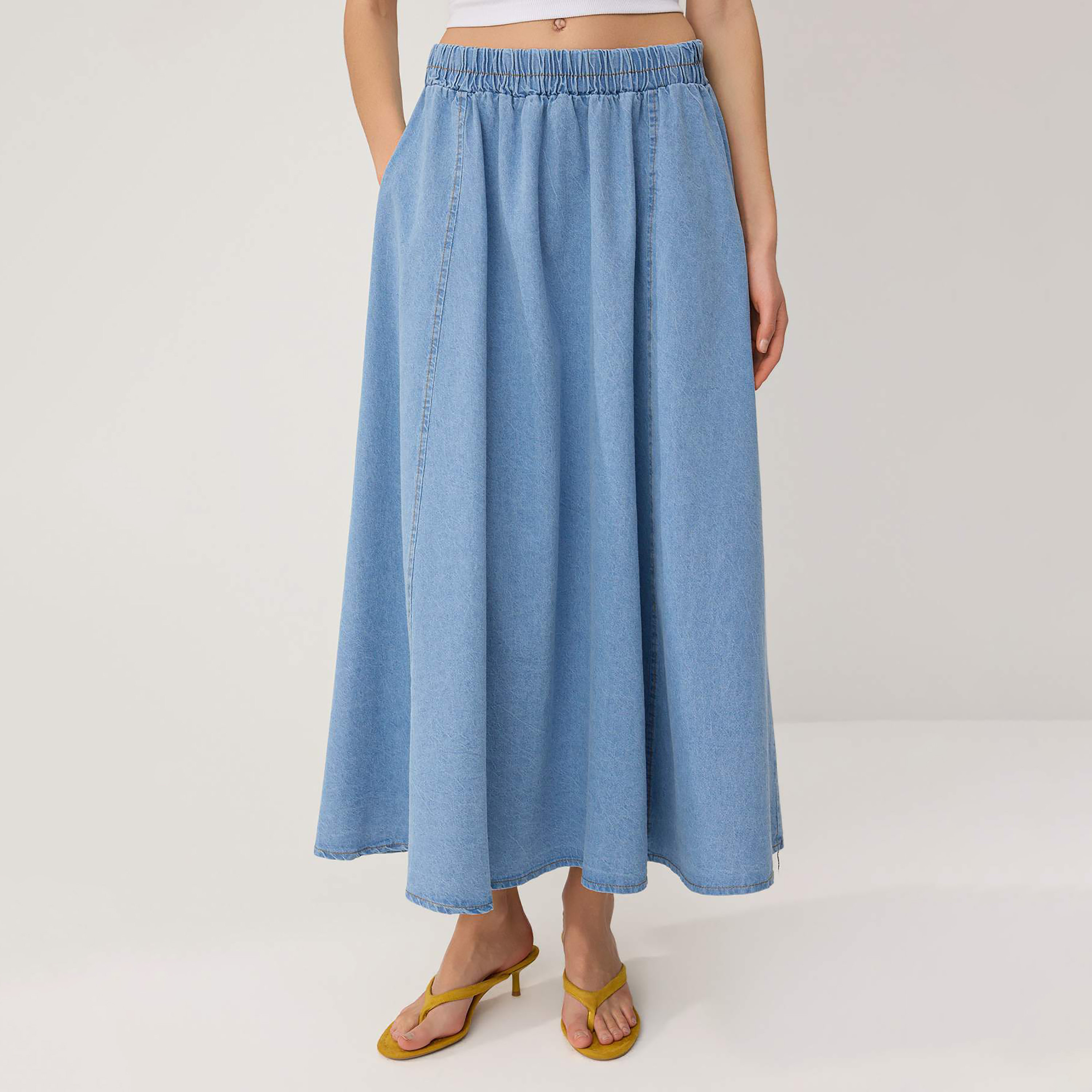 Blue Denim Flared Women's Midi Skirt-women-clothing-skirts-image-4