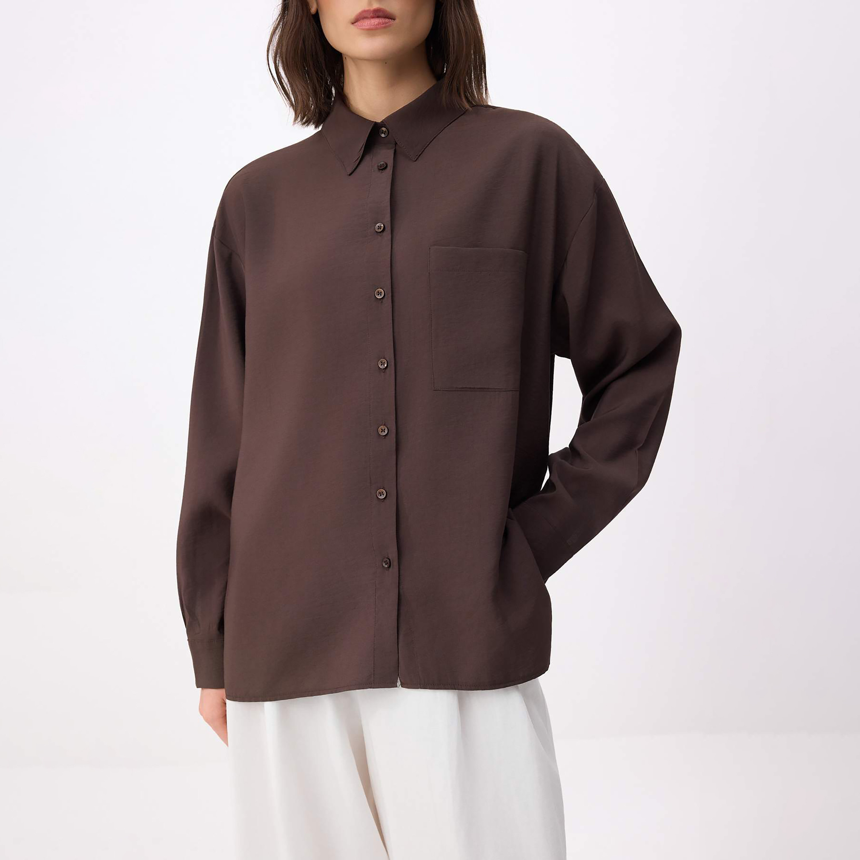 قميص حريمي بني بياقة مدببة وأكمام ساقطة من تريندyol ميلا-women-clothing-shirtsandblouses-shirts-image-4