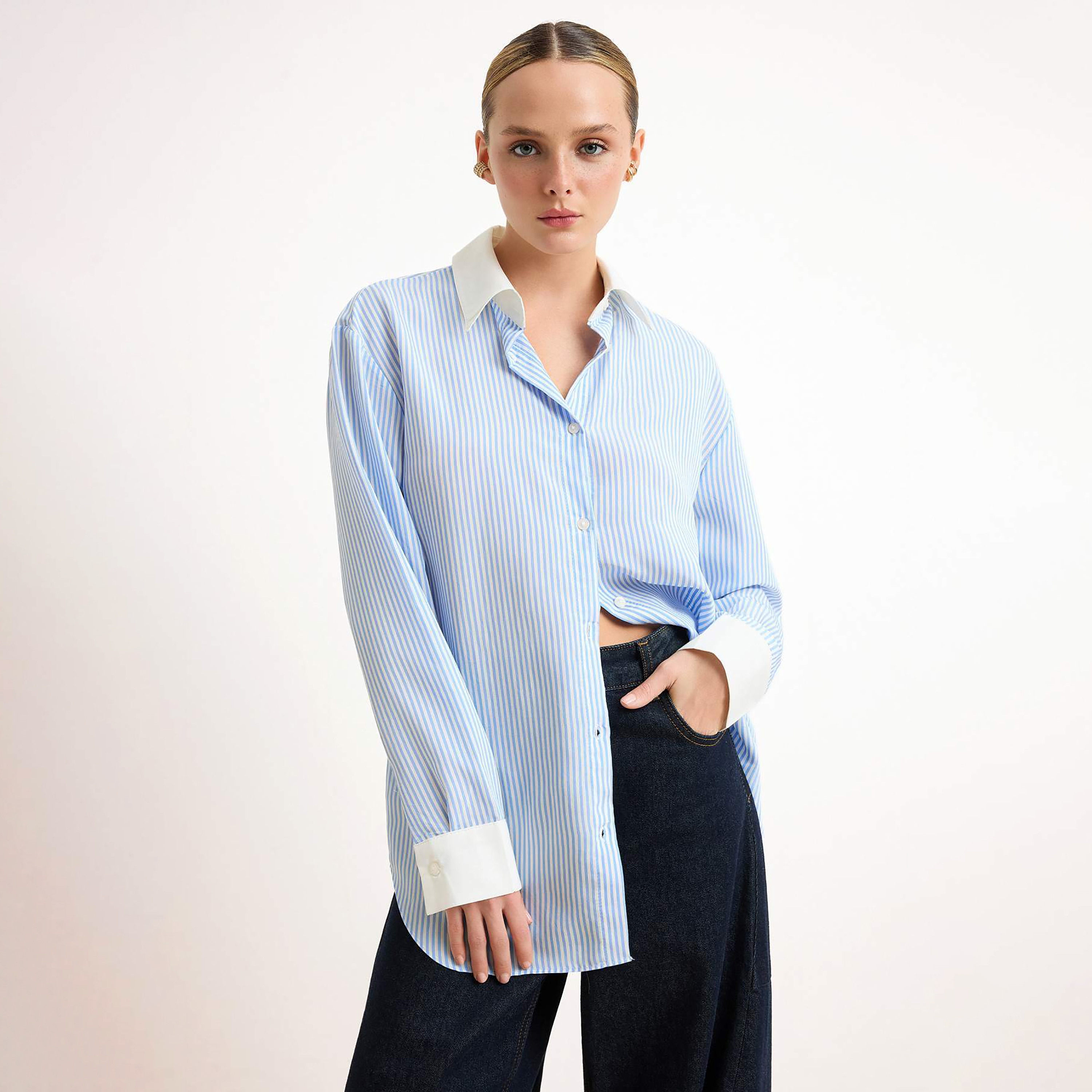 Blue Striped Collared Contast Cuffed Women's Shirt-women-clothing-shirtsandblouses-shirts-image-1