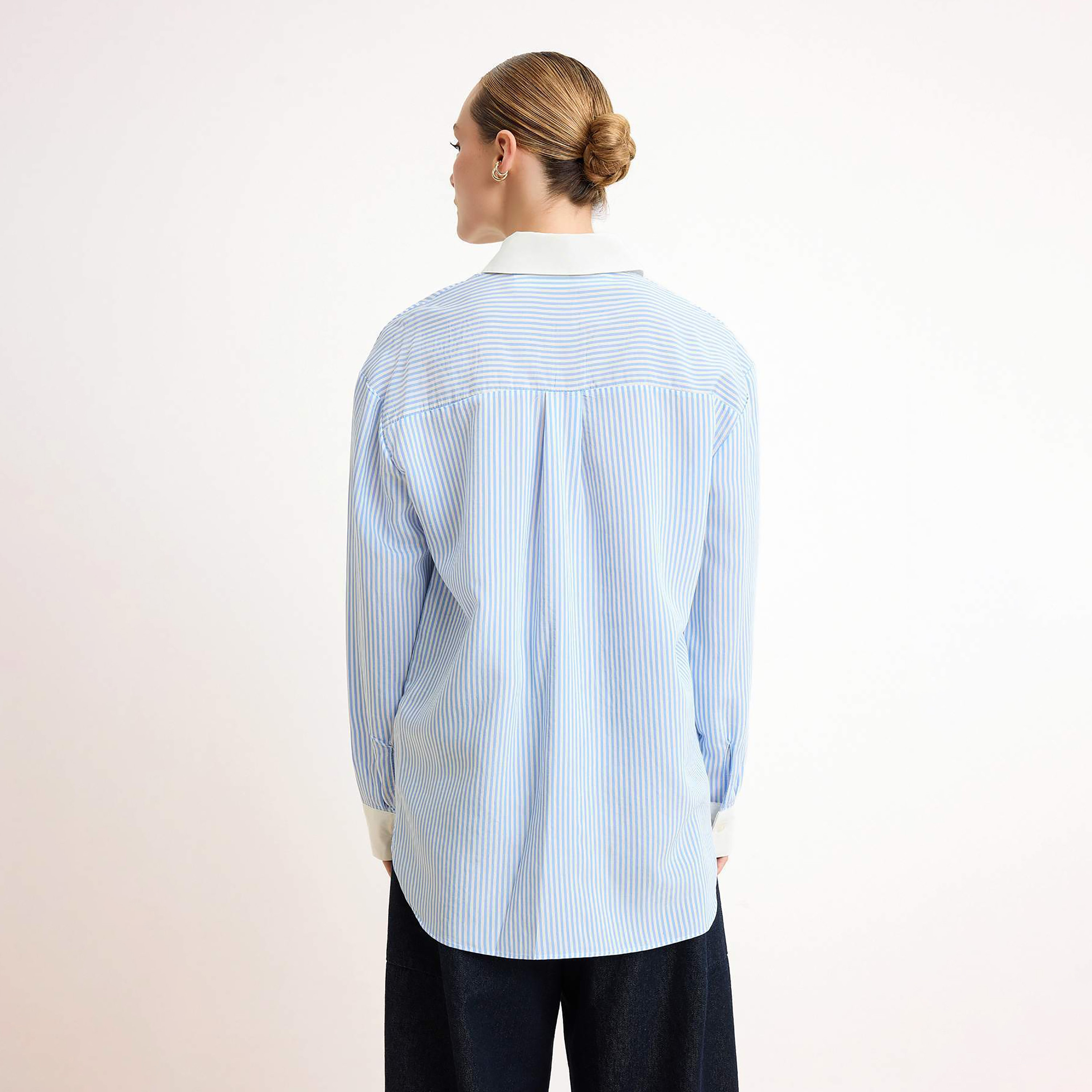 Blue Striped Collared Contast Cuffed Women's Shirt-women-clothing-shirtsandblouses-shirts-image-3