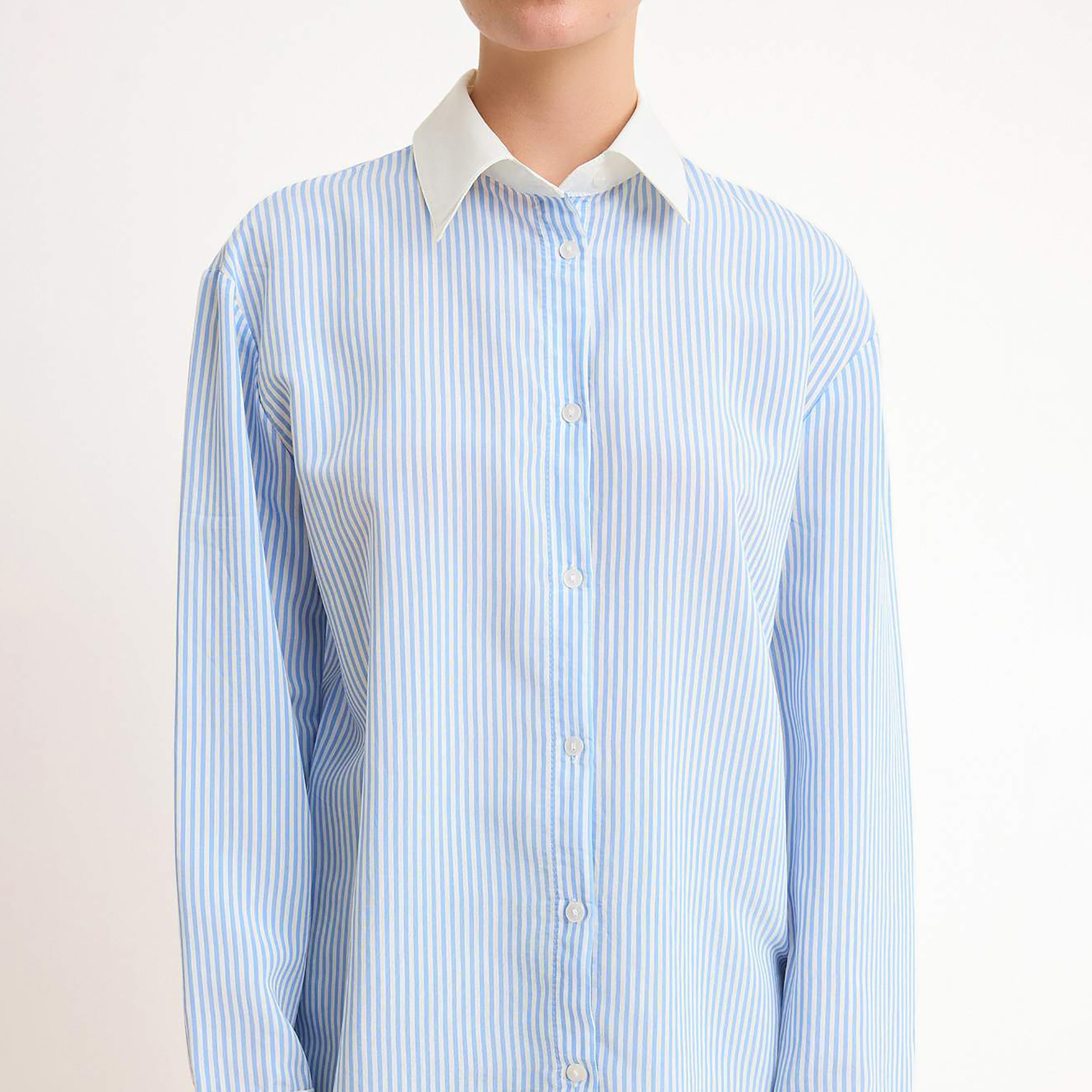 Blue Striped Collared Contast Cuffed Women's Shirt-women-clothing-shirtsandblouses-shirts-image-4