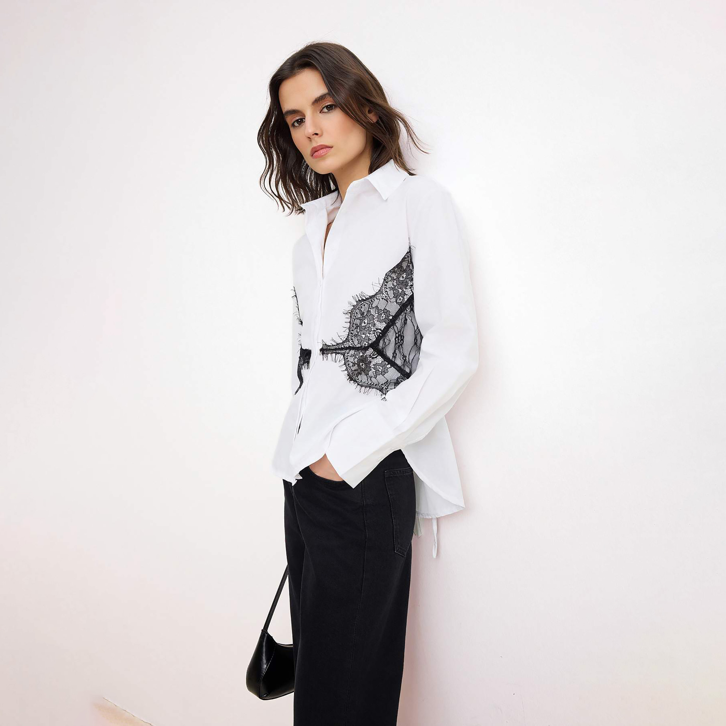 White Lace Detailed Collared Wide Cuffed Women's Shirt-women-clothing-shirtsandblouses-shirts-image-1