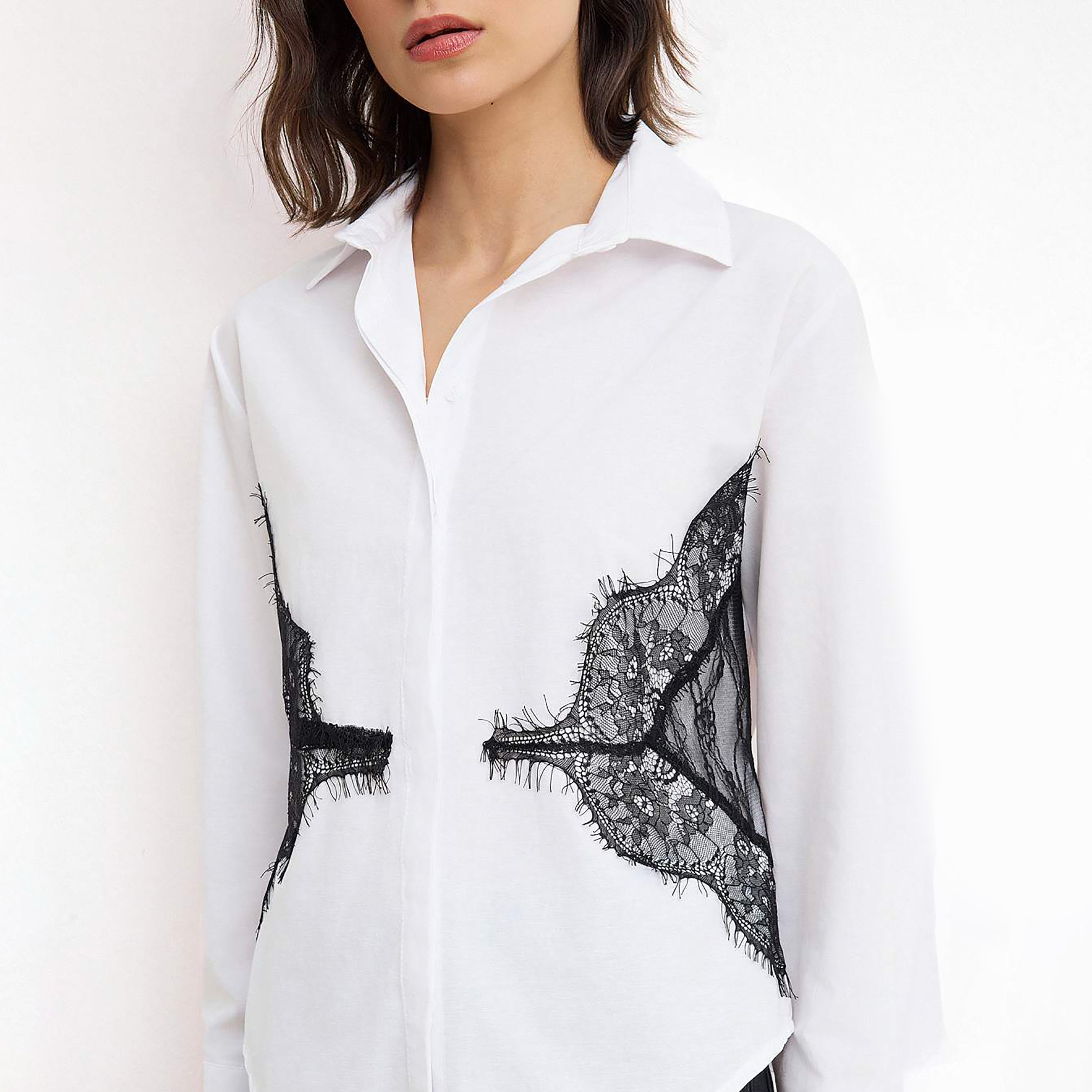 White Lace Detailed Collared Wide Cuffed Women's Shirt-women-clothing-shirtsandblouses-shirts-image-4