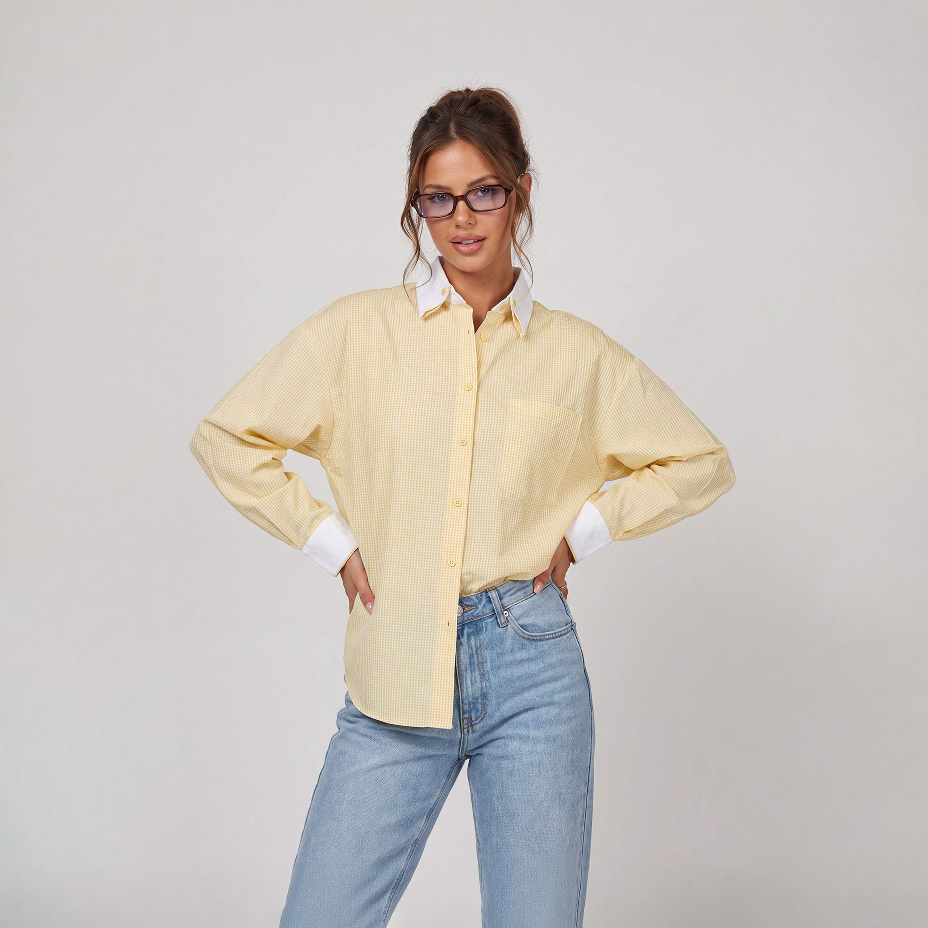 قميص حريمي أصفر مربعات بياقة متباينة وأكمام مسدلة من تريندyol ميلا-women-clothing-shirtsandblouses-shirts-image-1