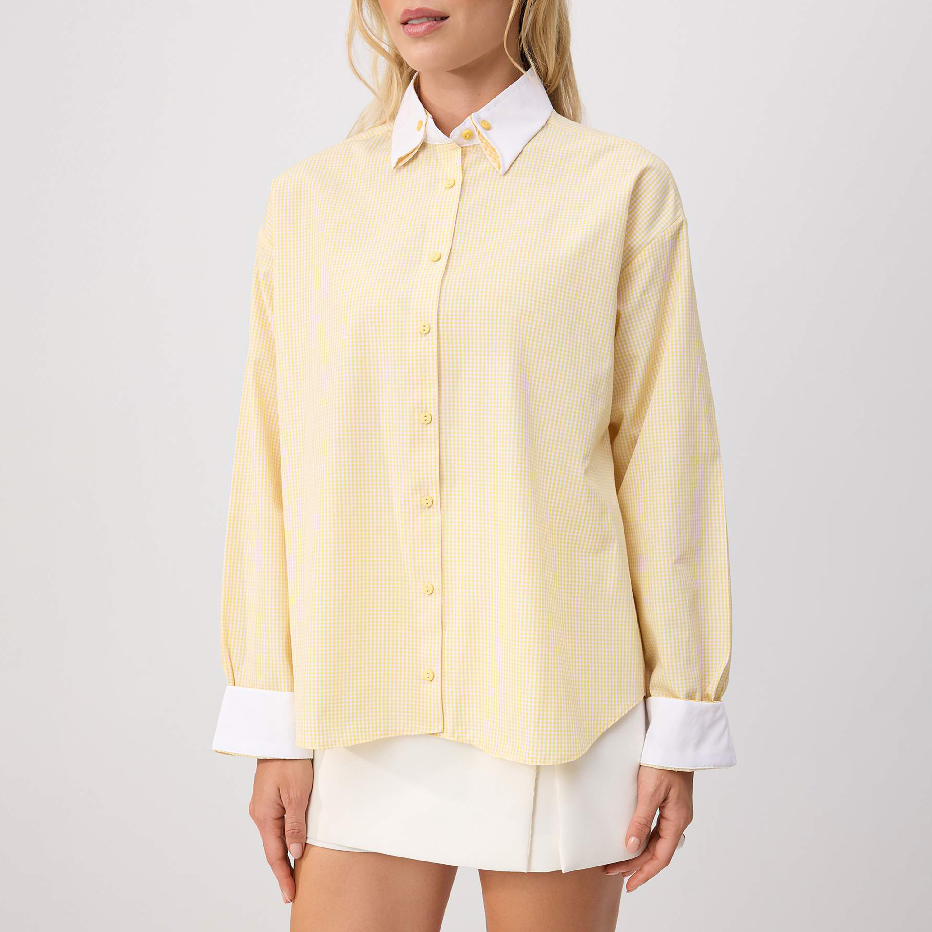 قميص حريمي أصفر مربعات بياقة متباينة وأكمام مسدلة من تريندyol ميلا-women-clothing-shirtsandblouses-shirts-image-4