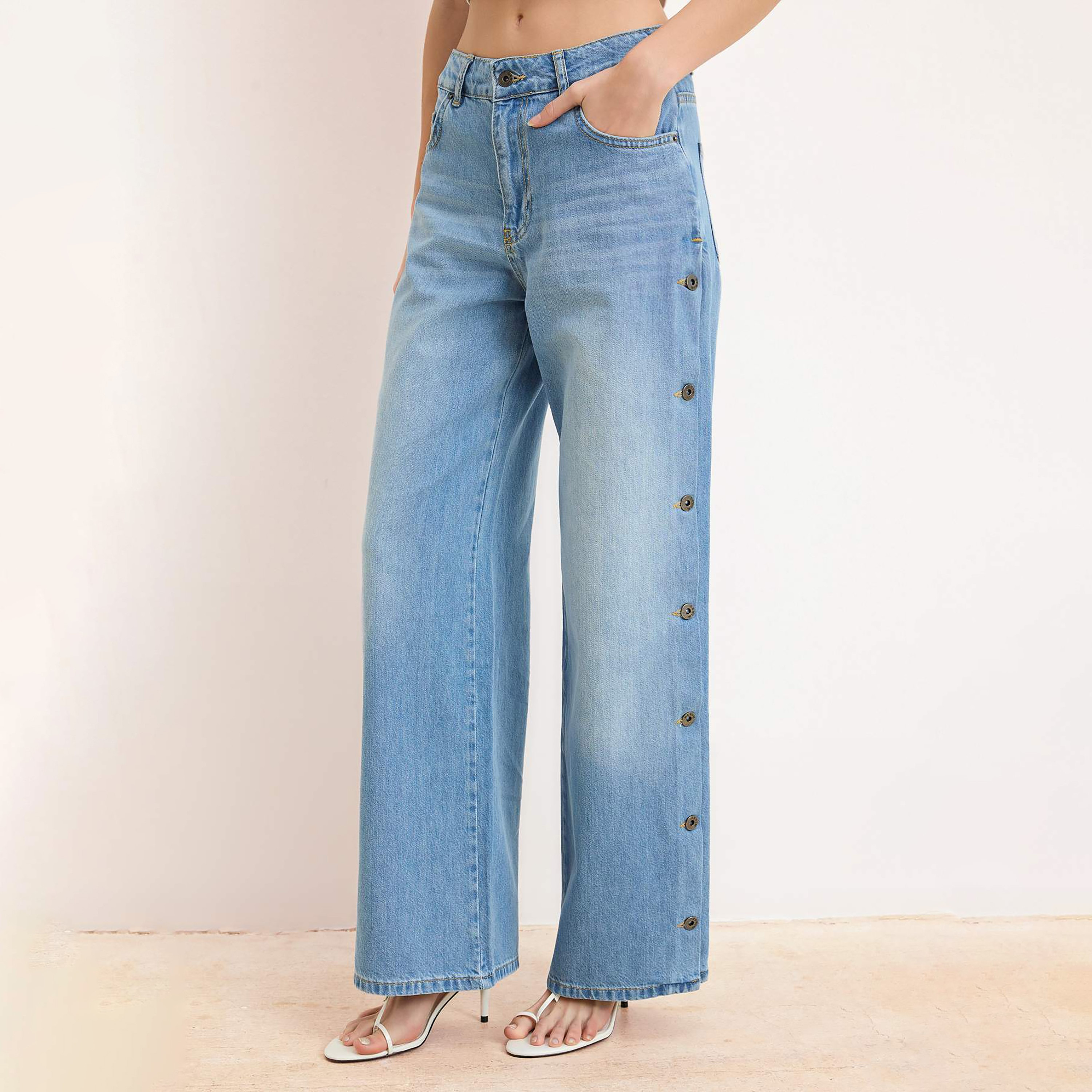 Blue Cotton Wide Leg Women's Jeans-women-clothing-jeans-image-1