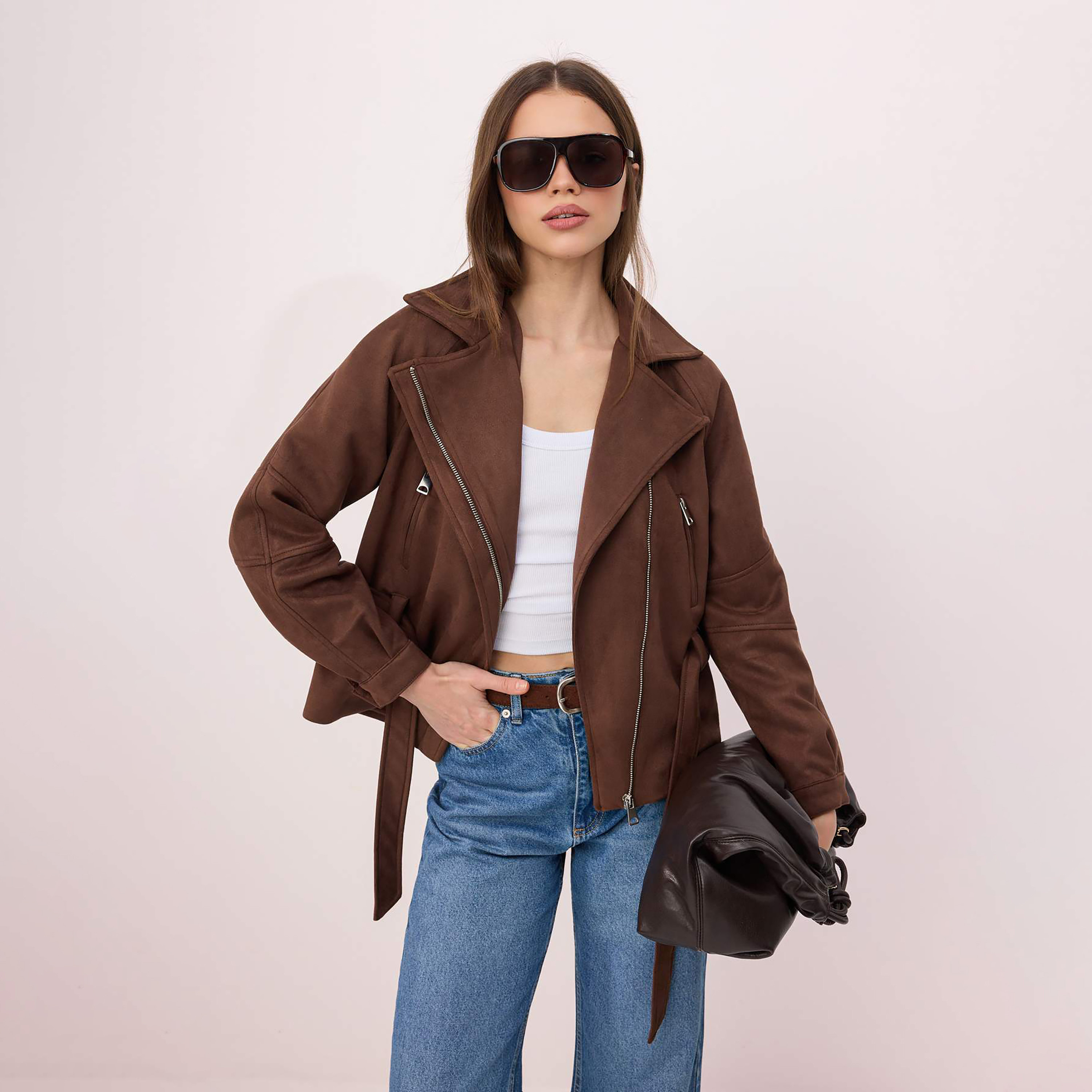 جاكيت حريمي سويدي بني بياقة وأكمام راجلان من تريندyolميلا-women-winterwear-coatsandjackets-jackets-image-1