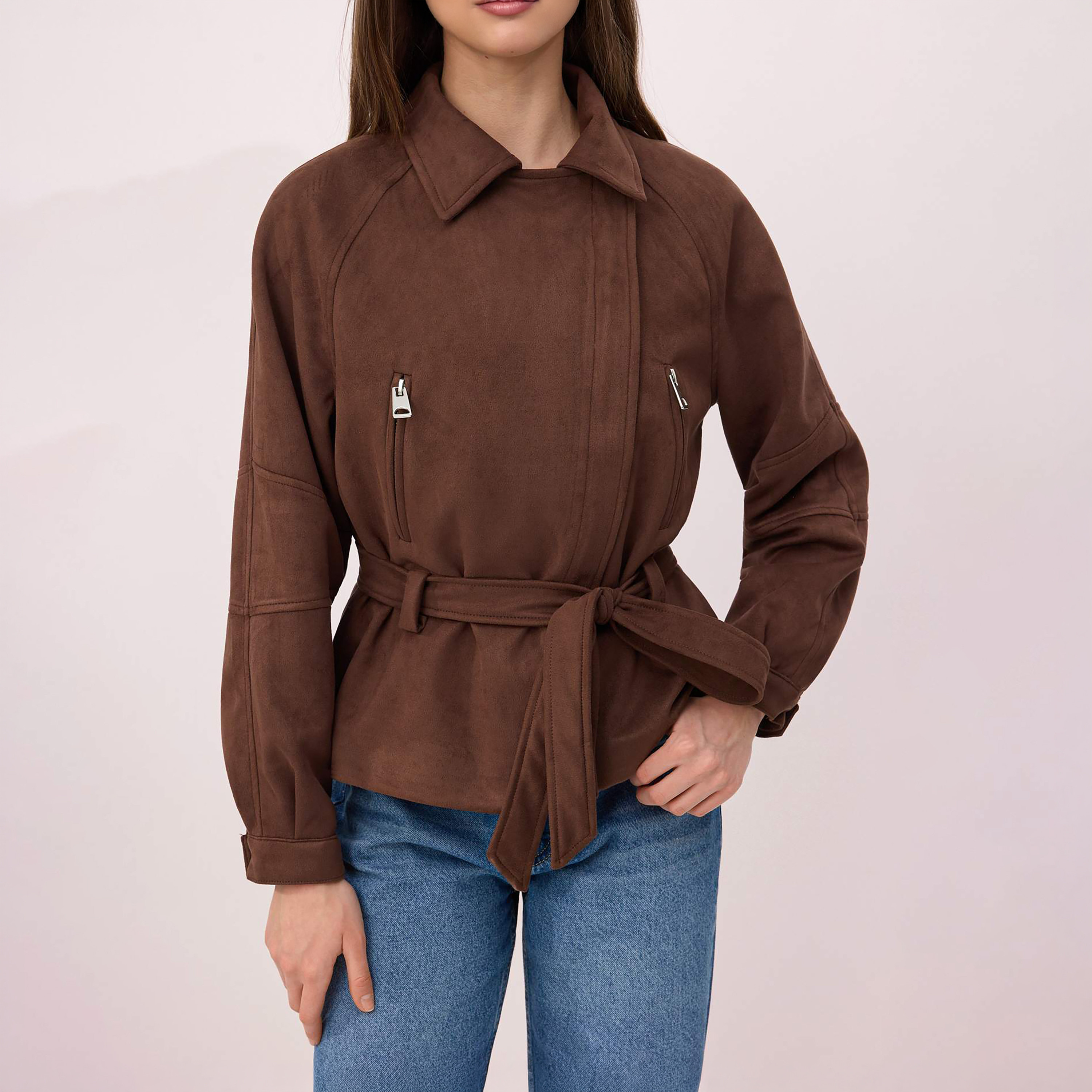 جاكيت حريمي سويدي بني بياقة وأكمام راجلان من تريندyolميلا-women-winterwear-coatsandjackets-jackets-image-4