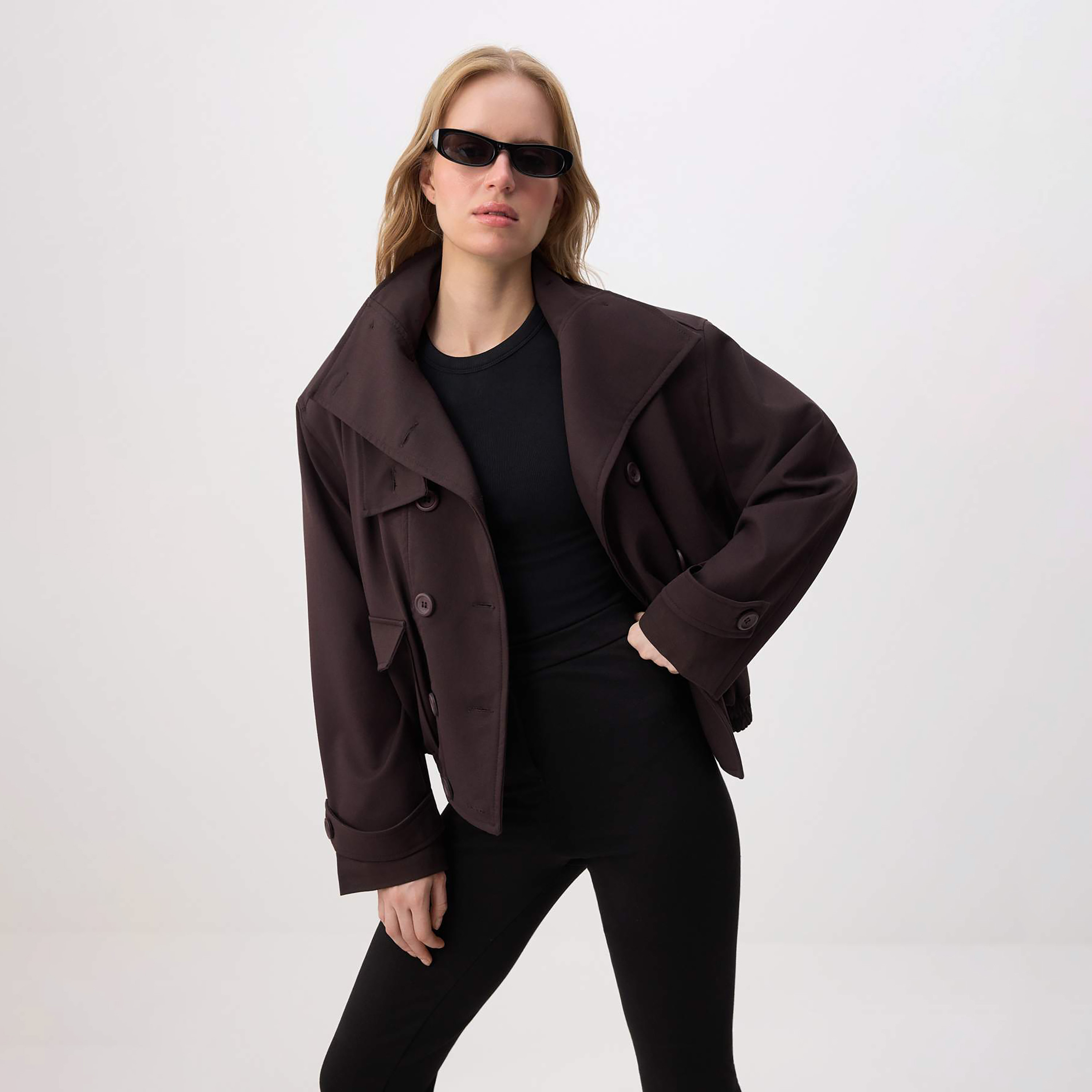 جاكيت حريمي بصف أزرار مزدوج بياقة عالية (فانل) باللون البني من تريندyol ميلا-women-winterwear-coatsandjackets-jackets-image-1