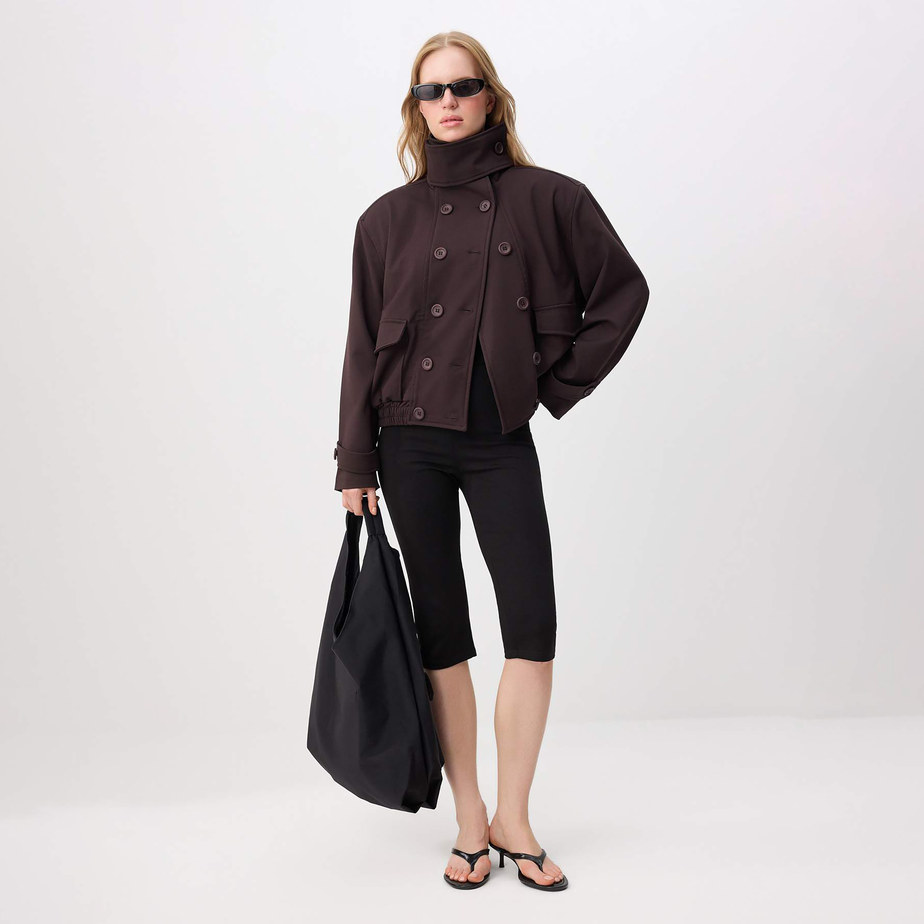 جاكيت حريمي بصف أزرار مزدوج بياقة عالية (فانل) باللون البني من تريندyol ميلا-women-winterwear-coatsandjackets-jackets-image-2