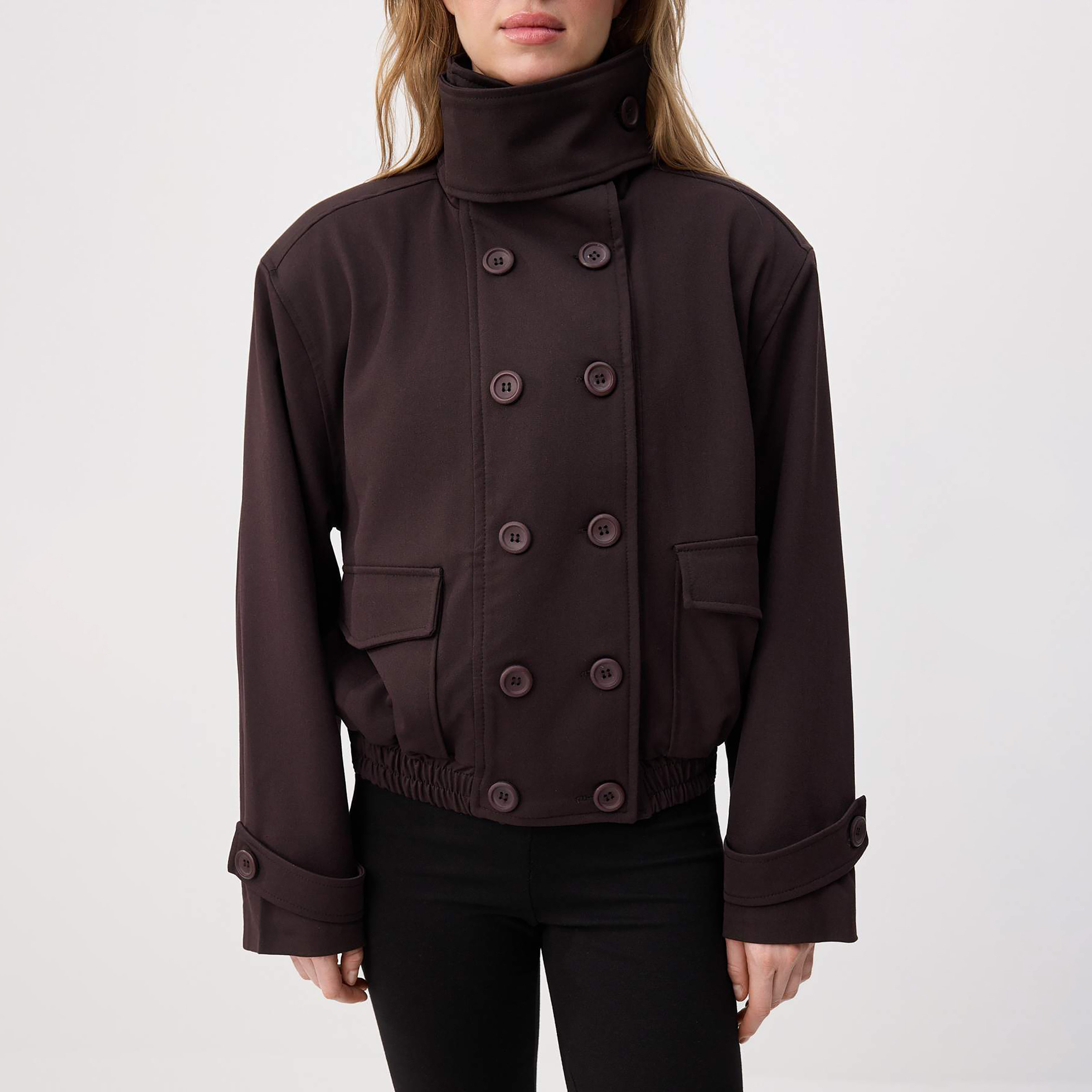 جاكيت حريمي بصف أزرار مزدوج بياقة عالية (فانل) باللون البني من تريندyol ميلا-women-winterwear-coatsandjackets-jackets-image-4