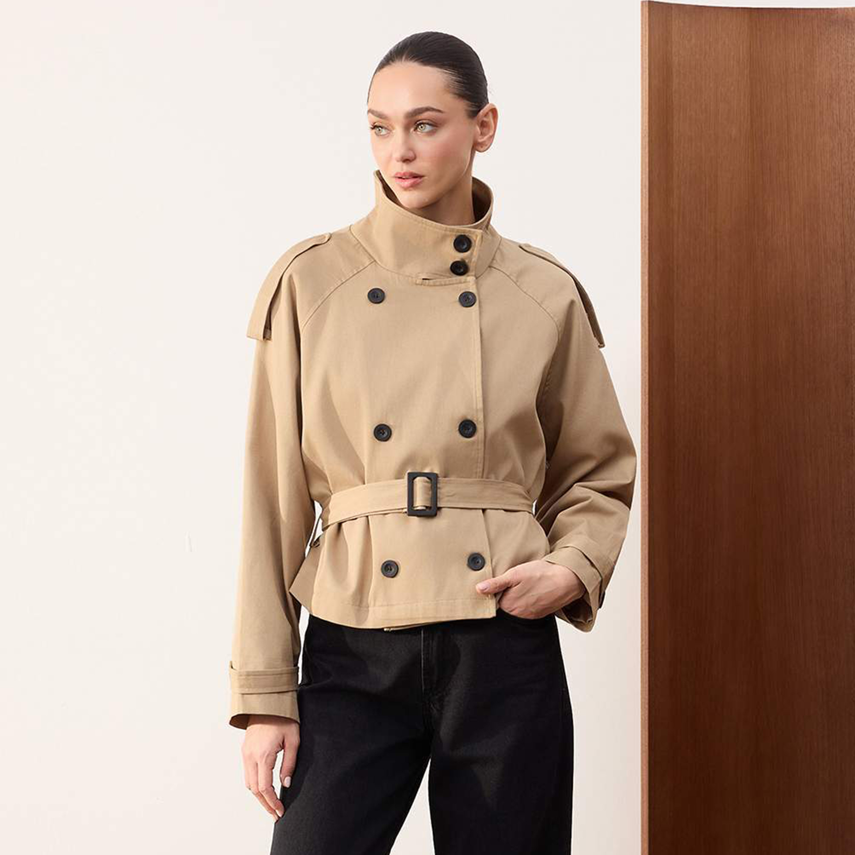 Trendyolmilla Cotton Funnel Neck Raglan Sleeves Women's Trench Jacket-women-winterwear-coatsandjackets-coats-image-1
