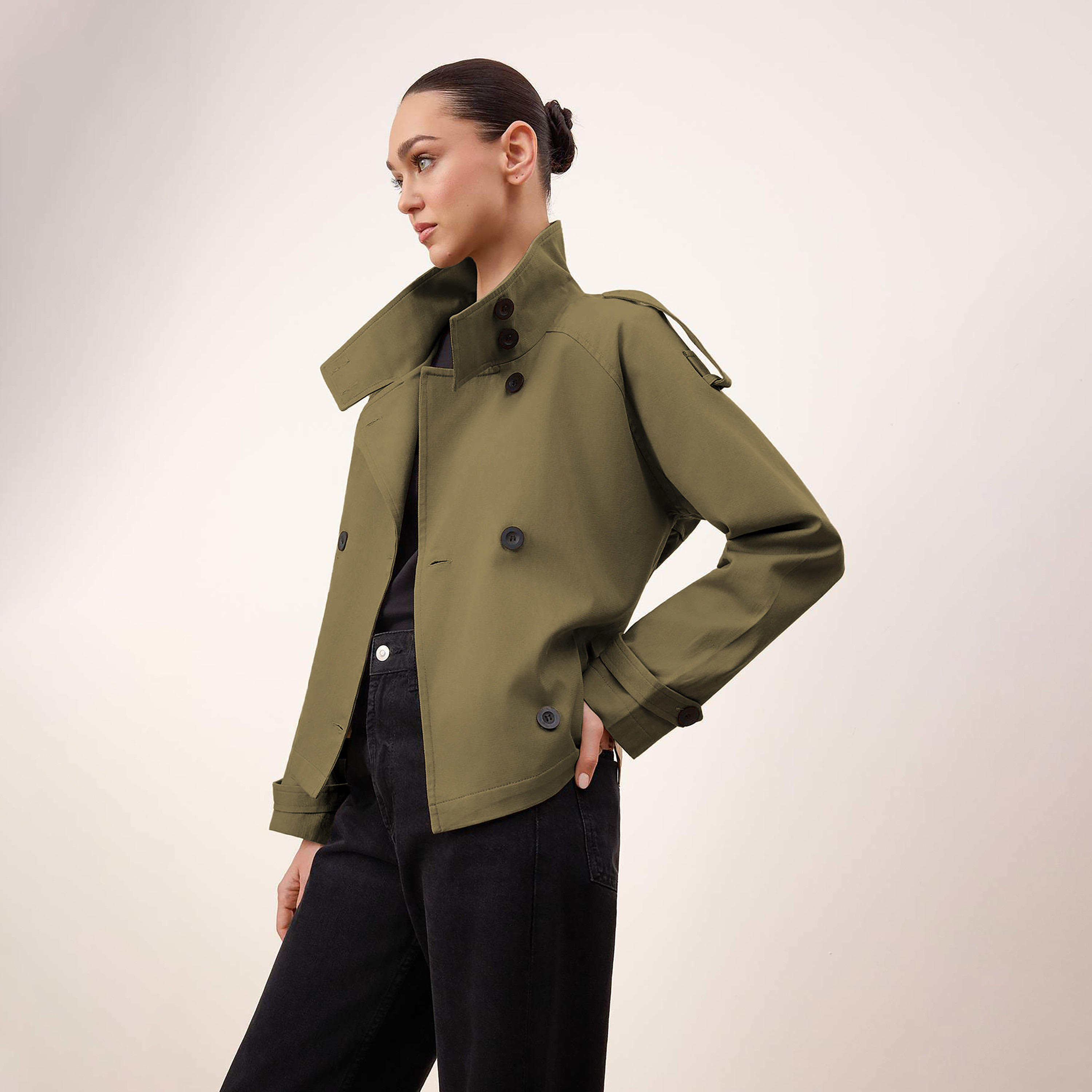 جاكيت ترنش حريمي قطن بياقة قمعية وأكمام راجلان من تريندyول ميلا-women-winterwear-coatsandjackets-coats-image-3
