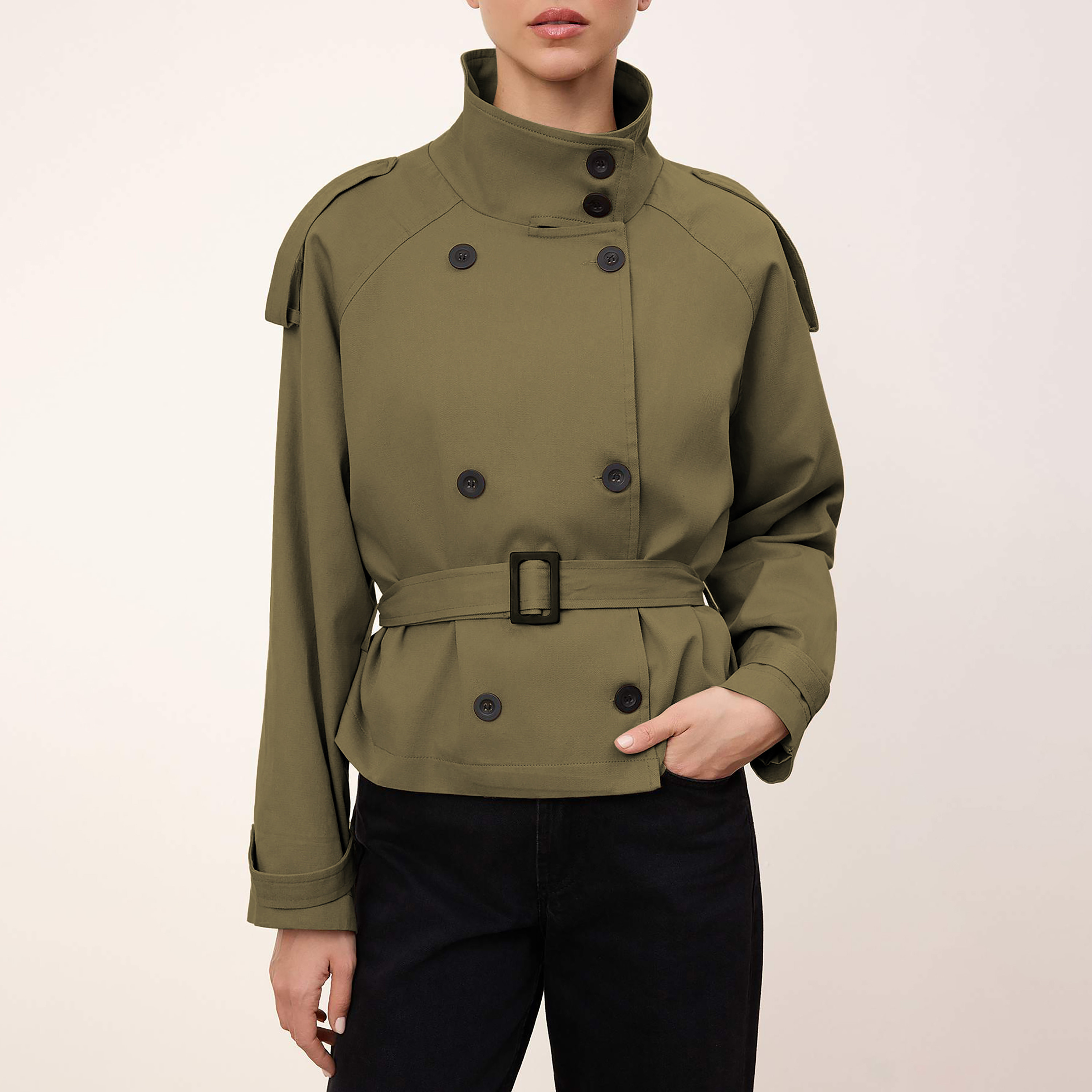 جاكيت ترنش حريمي قطن بياقة قمعية وأكمام راجلان من تريندyول ميلا-women-winterwear-coatsandjackets-coats-image-4