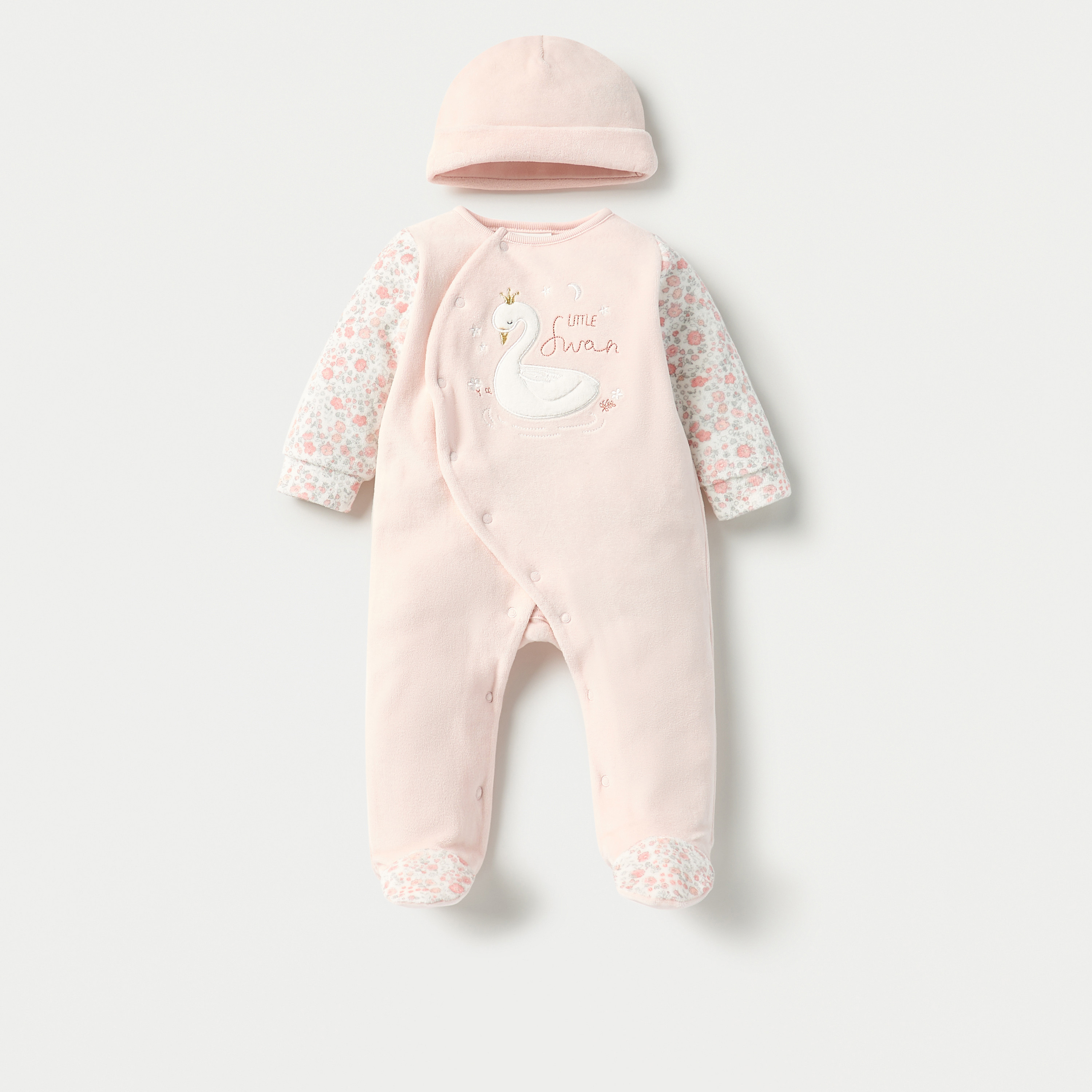 Juniors Printed Velour Closed Feet Sleepsuit with Cap-baby-girls-clothing-nightwear-sleepsuits-image-1