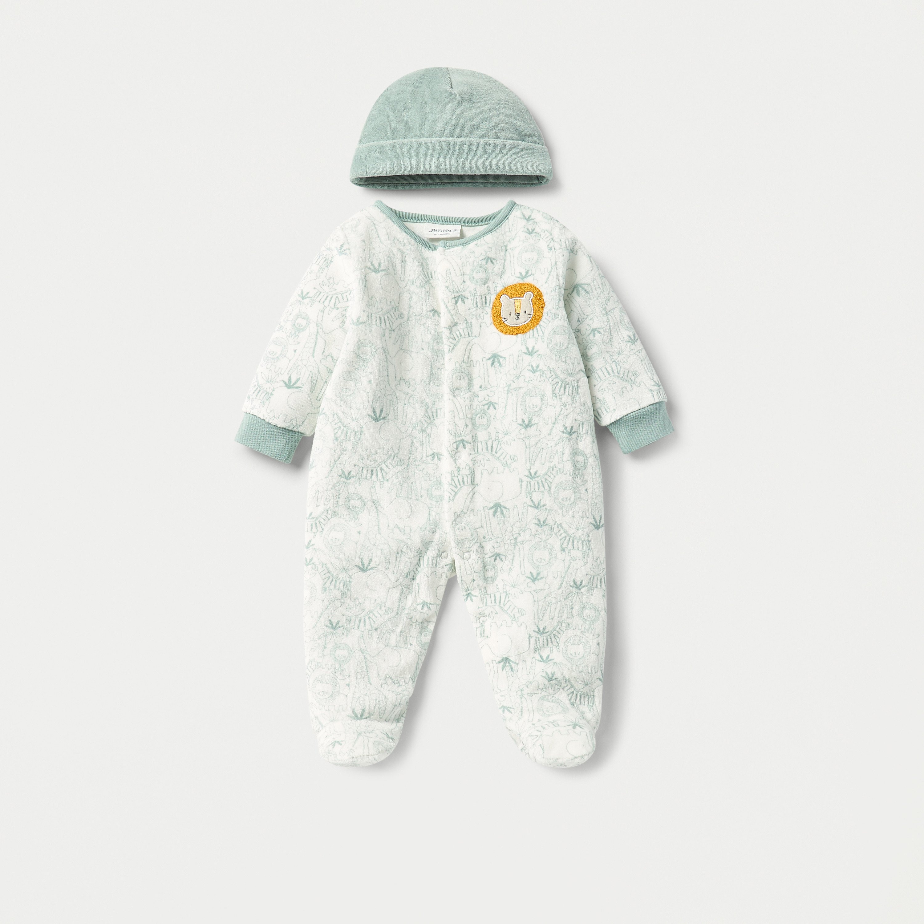 Juniors Lion Print Velour Closed Feet Sleepsuit with Cap-baby-boys-clothing-winterwear-sleepsuits-image-1