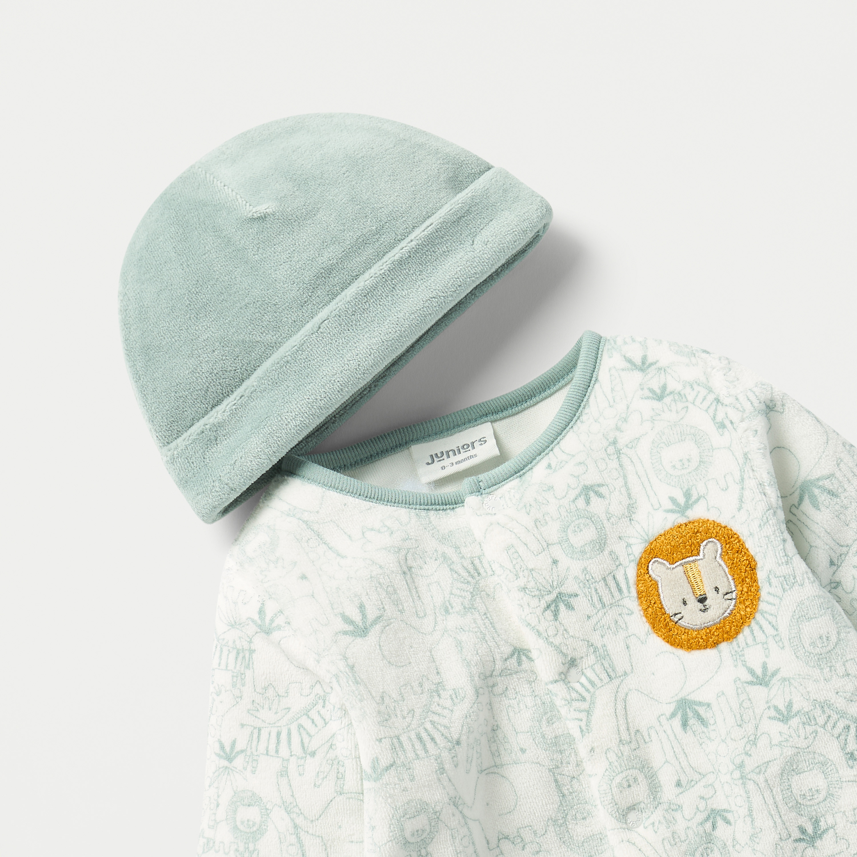 Juniors Lion Print Velour Closed Feet Sleepsuit with Cap-baby-boys-clothing-winterwear-sleepsuits-image-4